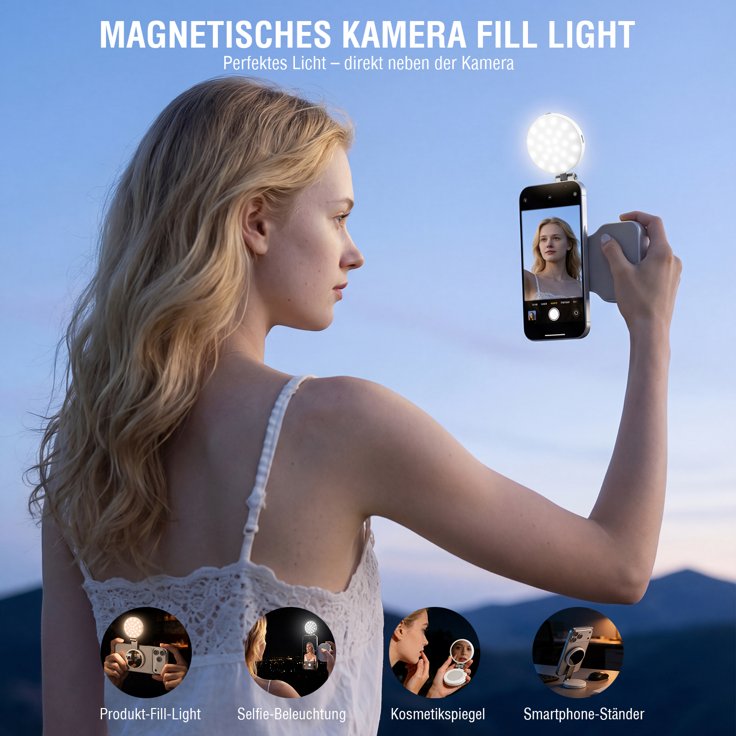 Magnetisches Kamera Fill Light für Smartphone mit einstellbarer Helligkeit und Lichtfarben für bessere Ausleuchtung
