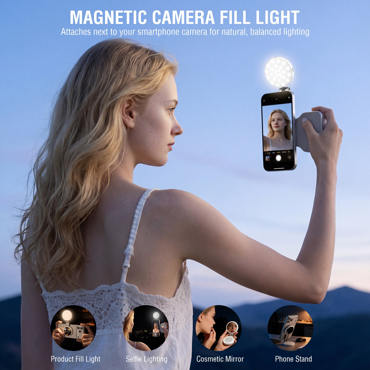 Magnetic camera fill light for smartphone with adjustable brightness and color temperature for better lighting