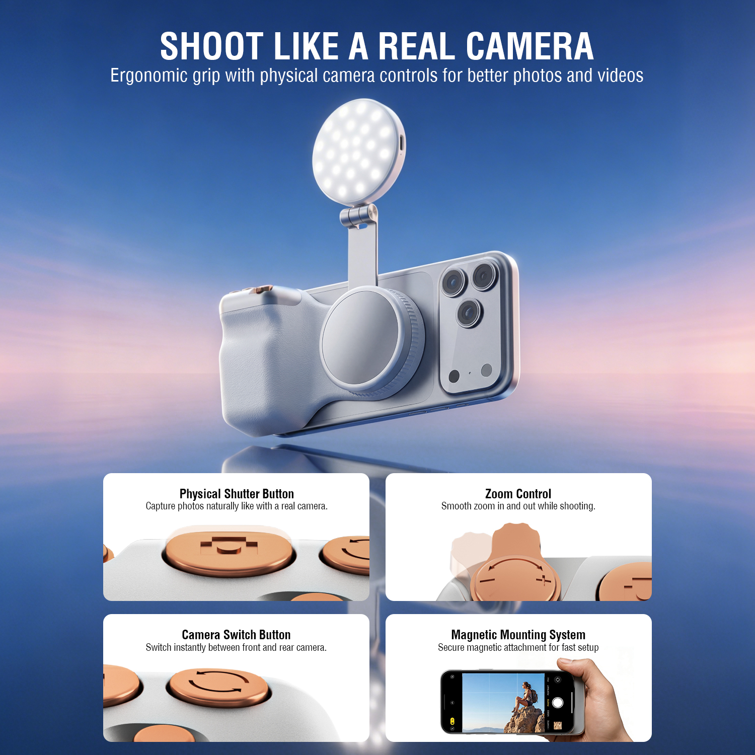 Ergonomic smartphone camera grip for stable photos and videos during filming and photography