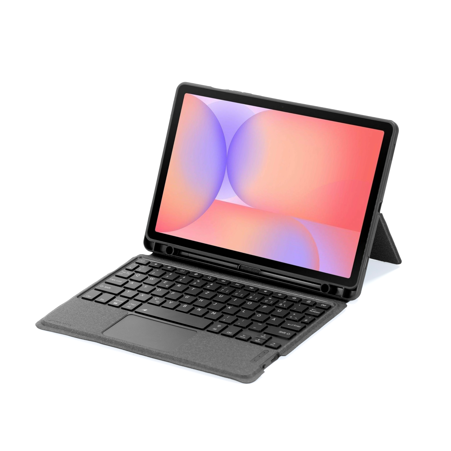 Graphitgraues Keyboard Case mit Tablet, schräg aufgestellt im Arbeitsmodus mit Tastatur und integriertem Trackpad
