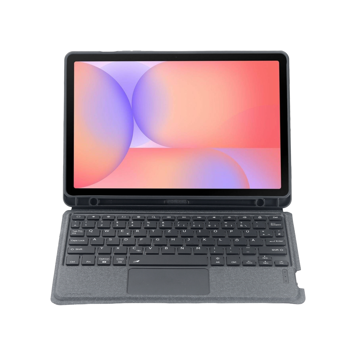 Keyboard Case mit Tablet, Frontansicht mit Tastatur und integriertem Trackpad
