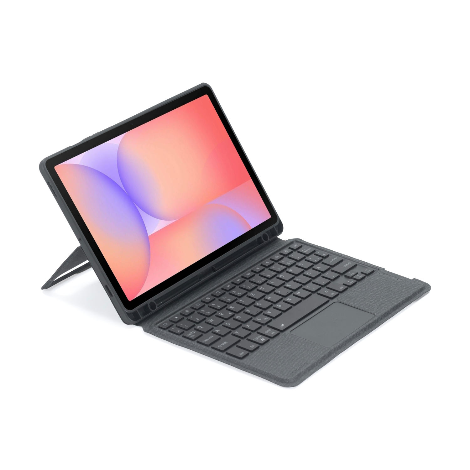 Graphitgraues Keyboard Case mit Tablet, aufgestellt im Arbeitsmodus mit Tastatur und Trackpad
