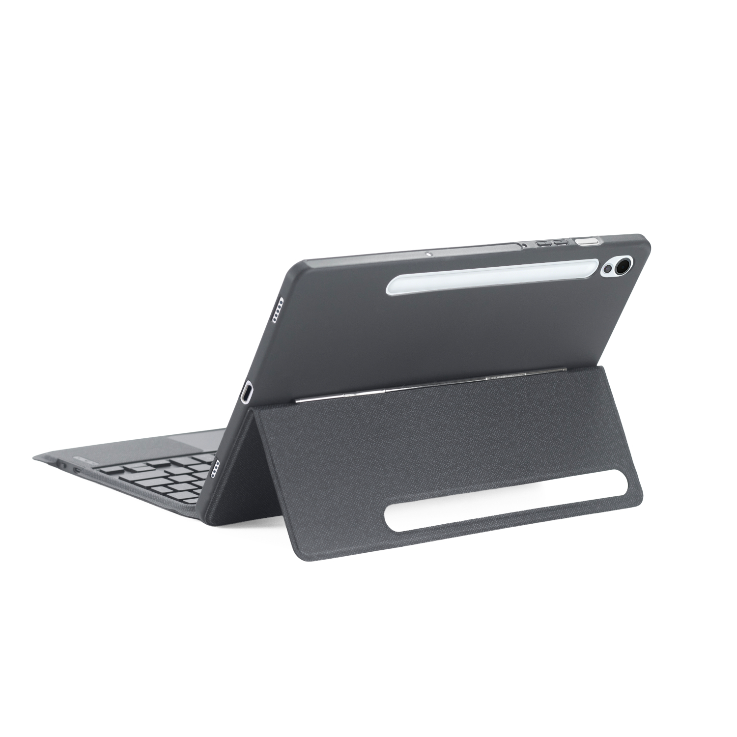 Graphitgraues Keyboard Case mit Tablet, Rückansicht im Standmodus mit integrierter Ständerfunktion und Aussparung für den Stylus