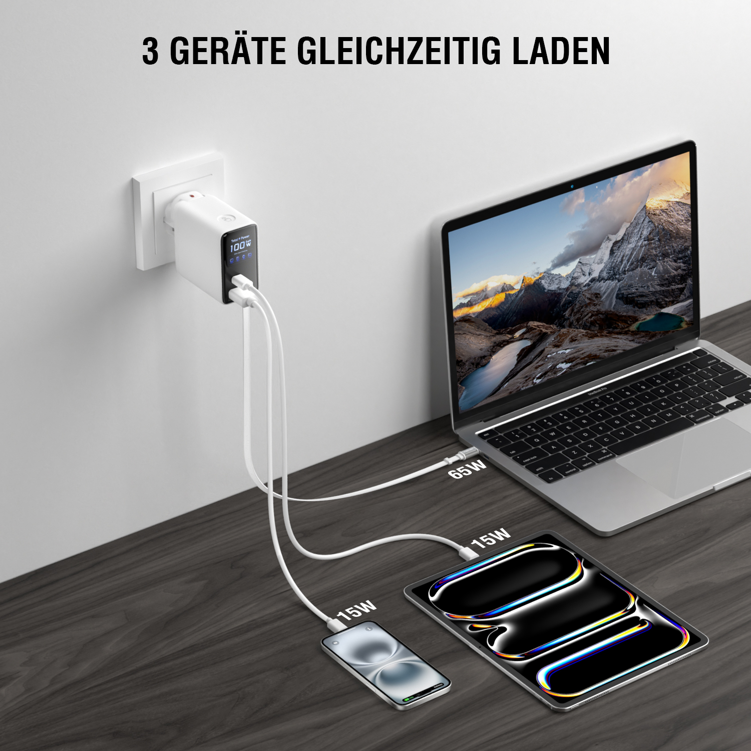100W GaN Ladegerät lädt Laptop, Tablet und Smartphone gleichzeitig über USB-C und USB-A