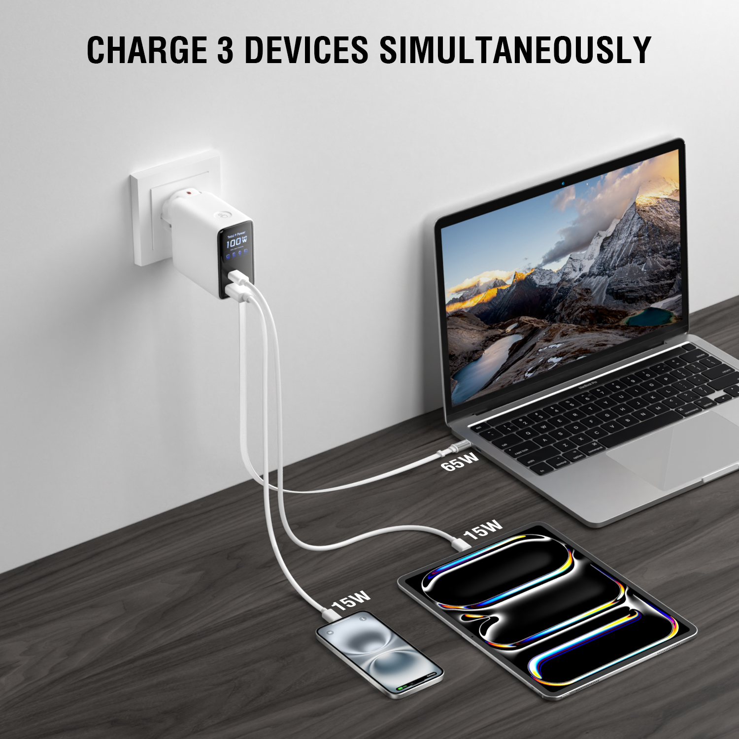 100W GaN charger for charging laptop, tablet and smartphone simultaneously via USB-C and USB-A