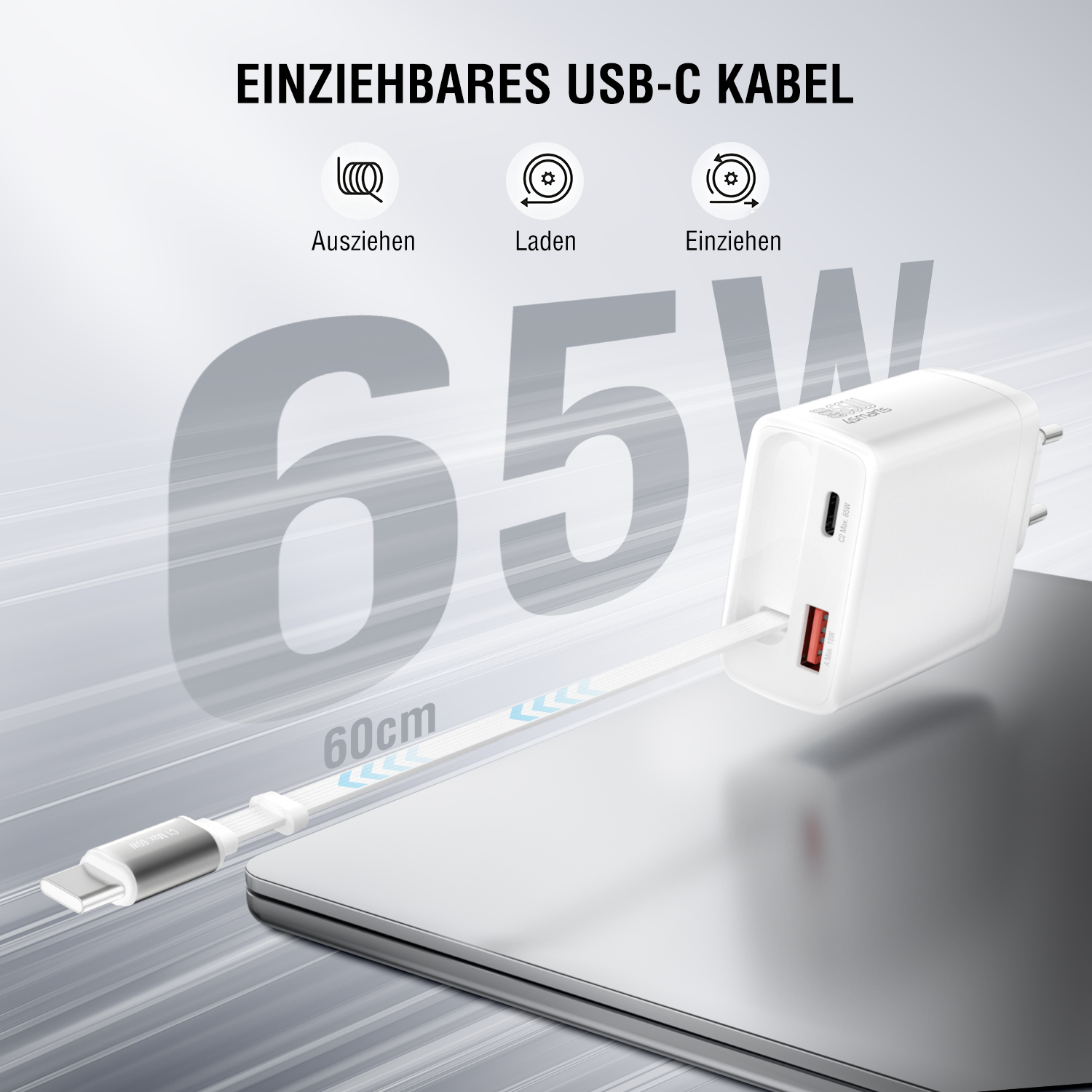 USB-C Ladegerät mit integriertem ausziehbarem Kabel für komfortables Laden ohne separates Ladekabel“