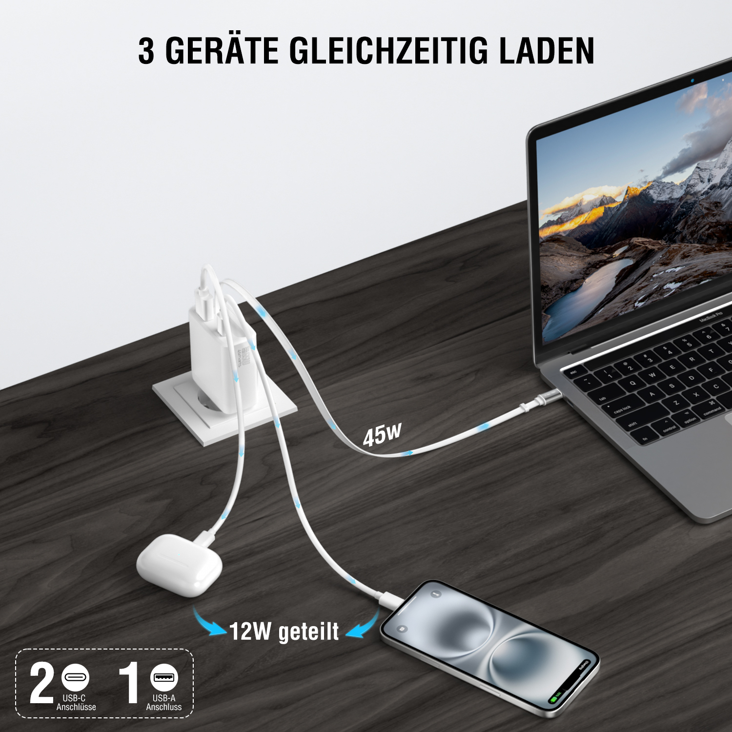 Mehrfach-Ladegerät lädt Smartphone, Tablet und Laptop gleichzeitig über ein kompaktes 65W Netzteil
