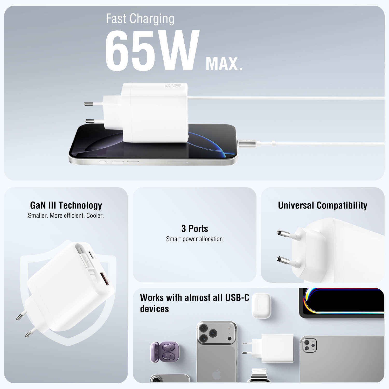 Compact GaN charger with high power output designed for travel, office and everyday use with space-saving design