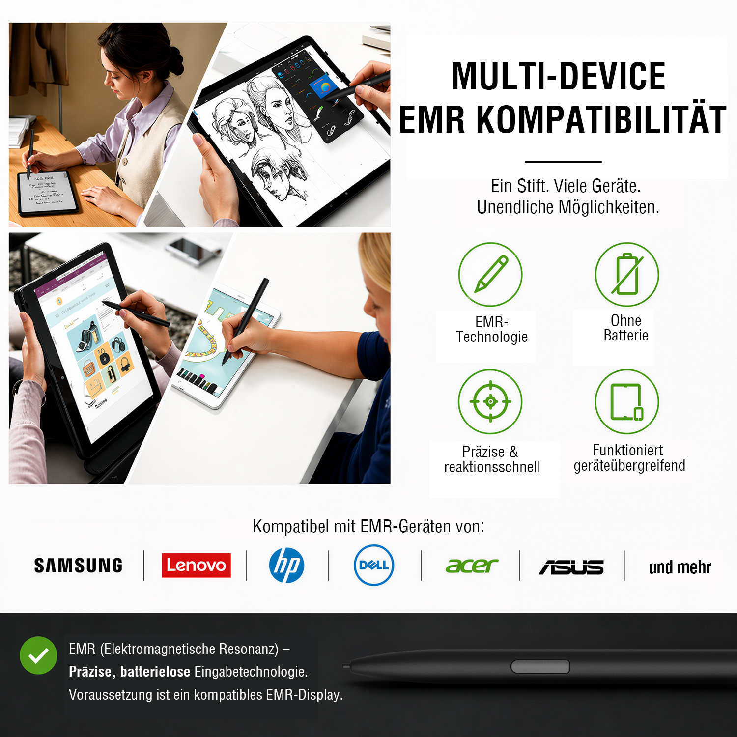 Collage zum 4smarts Multi-Device Pencil Pro EMR in Schwarz mit Anwendungsszenen auf verschiedenen EMR-kompatiblen Tablets und Notebooks. Hervorgehoben werden breite EMR-Kompatibilität mit Samsung, Lenovo, HP, Dell, Acer und ASUS, batterielose EMR-Technologie, präzise Eingabe sowie geräteübergreifende Nutzung.