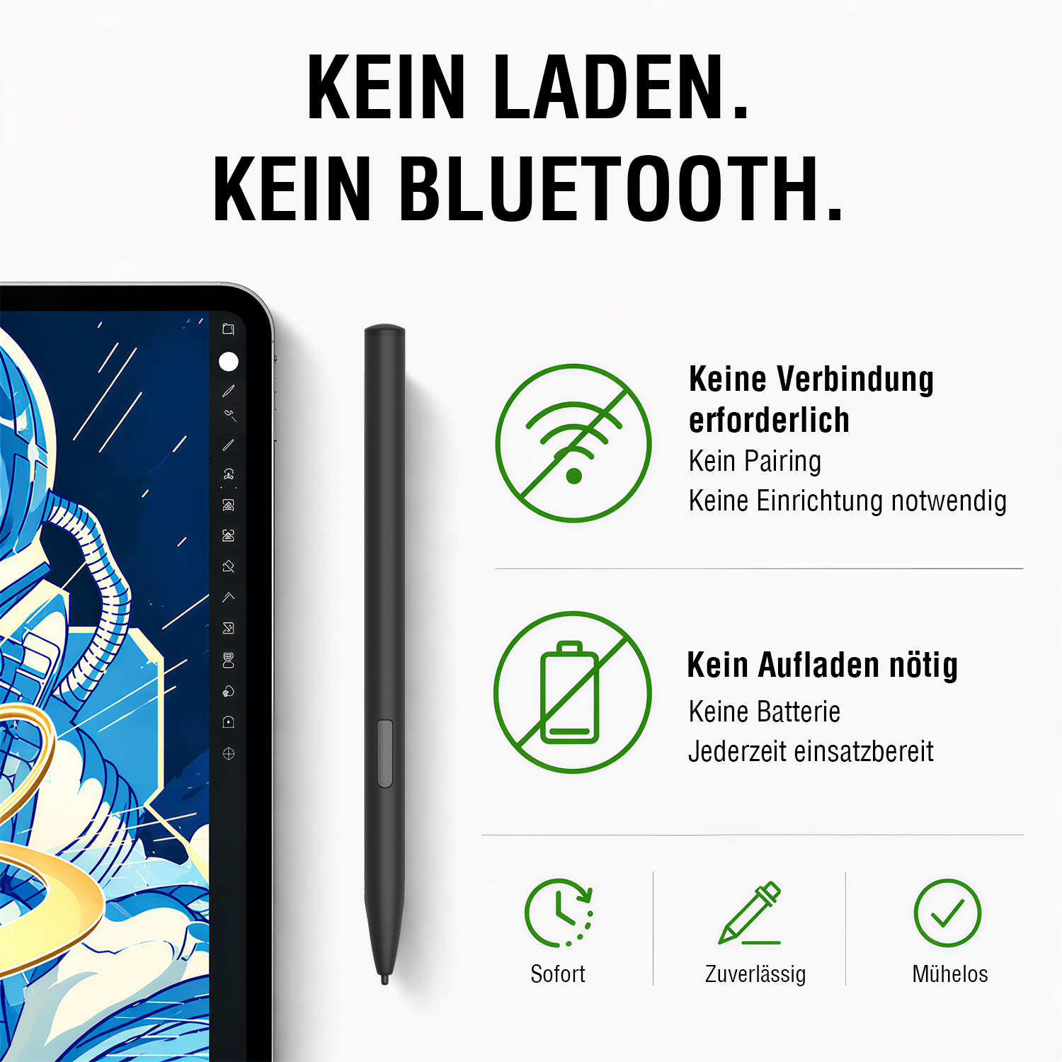 Grafik des 4smarts Multi-Device Pencil Pro EMR in Schwarz neben einem Tablet mit Zeichnungsoberfläche. Hervorgehoben werden batterielose EMR-Technologie ohne Bluetooth oder Pairing, sofortige Einsatzbereitschaft sowie zuverlässige und intuitive Nutzung ohne Aufladen.
