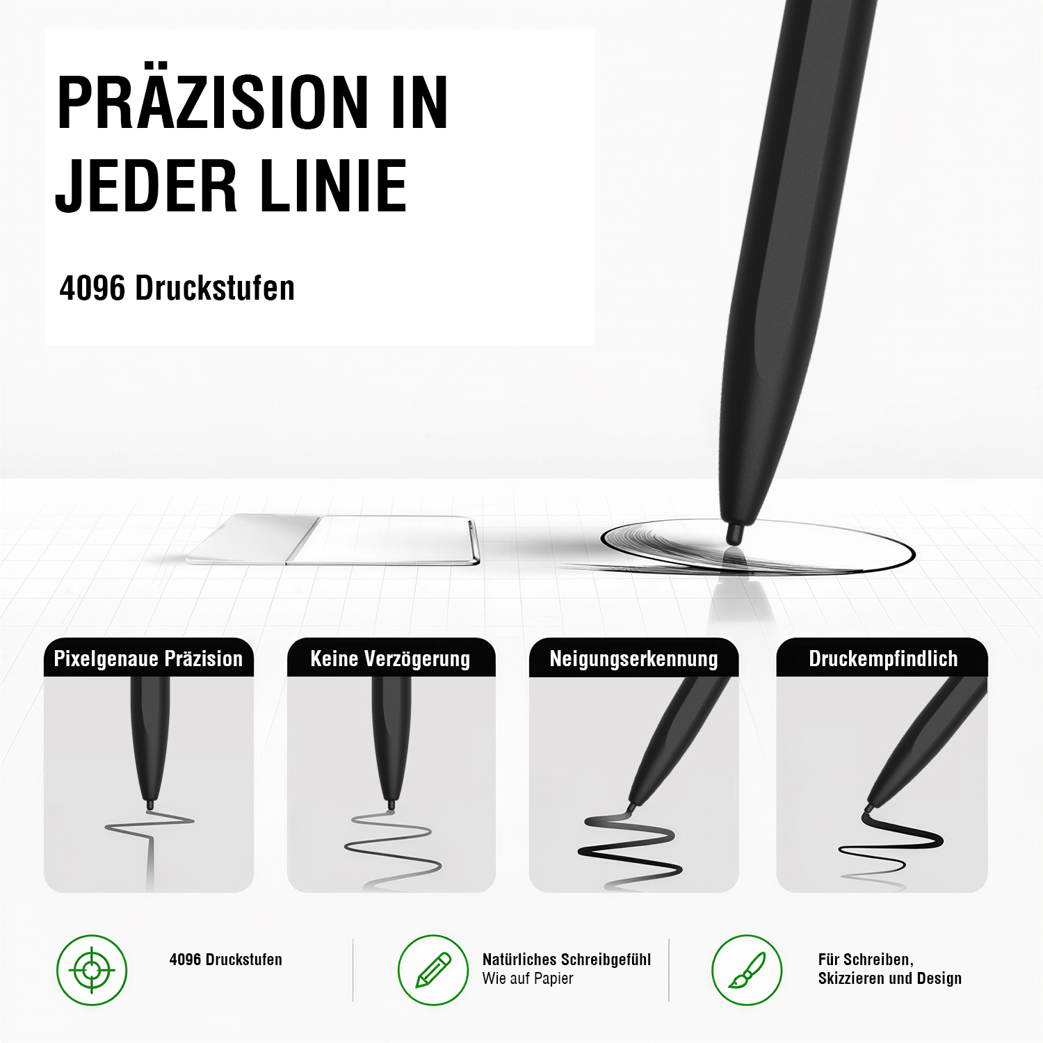 Produktgrafik des 4smarts Multi-Device Pencil Pro EMR in Schwarz mit Fokus auf präzise Eingabe durch 4096 Druckstufen. Visualisiert werden pixelgenaue Präzision, verzögerungsfreie Eingabe, Neigungserkennung und druckempfindliches Schreiben für Skizzieren, Design und handschriftliche Notizen.
