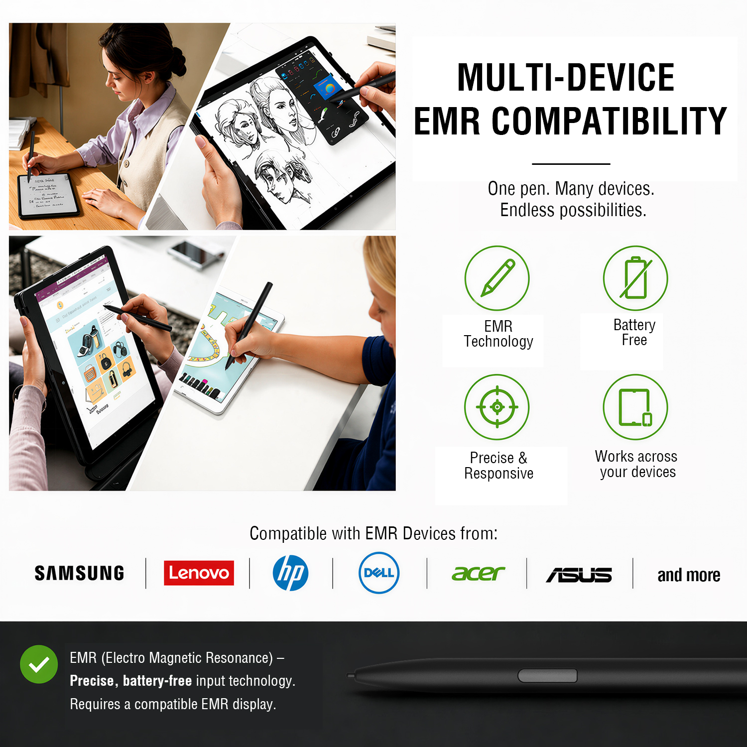 Collage of the 4smarts Multi-Device Pencil Pro EMR in black shown in use on various EMR-compatible tablets and notebooks. Highlights include wide EMR compatibility with Samsung, Lenovo, HP, Dell, Acer and ASUS, battery-free EMR technology, precise input and cross-device usability.