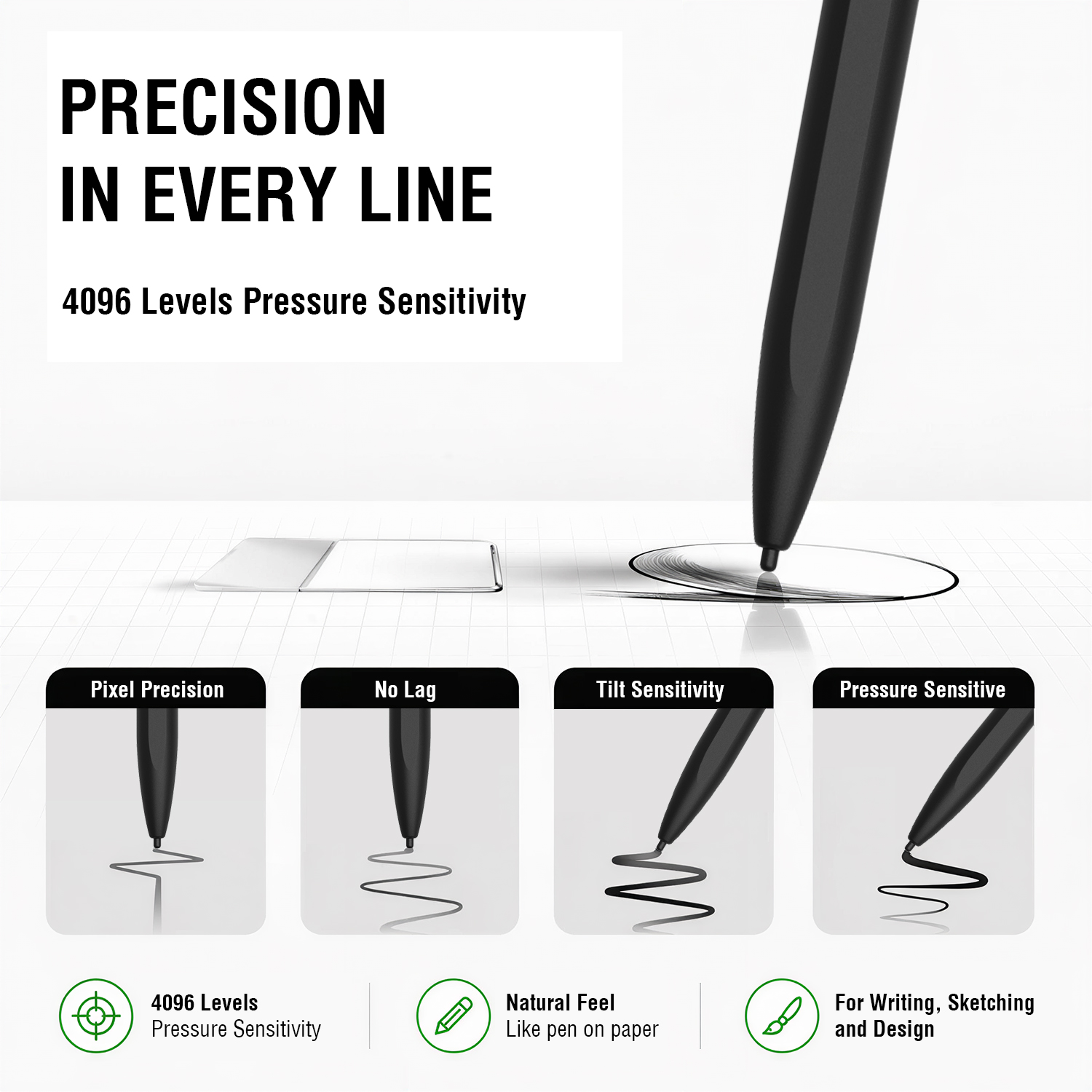 Product graphic of the 4smarts Multi-Device Pencil Pro EMR in black highlighting precise input with 4096 pressure levels. Features shown include pixel-accurate precision, lag-free input, tilt recognition and pressure-sensitive writing for sketching, design and handwritten notes.
