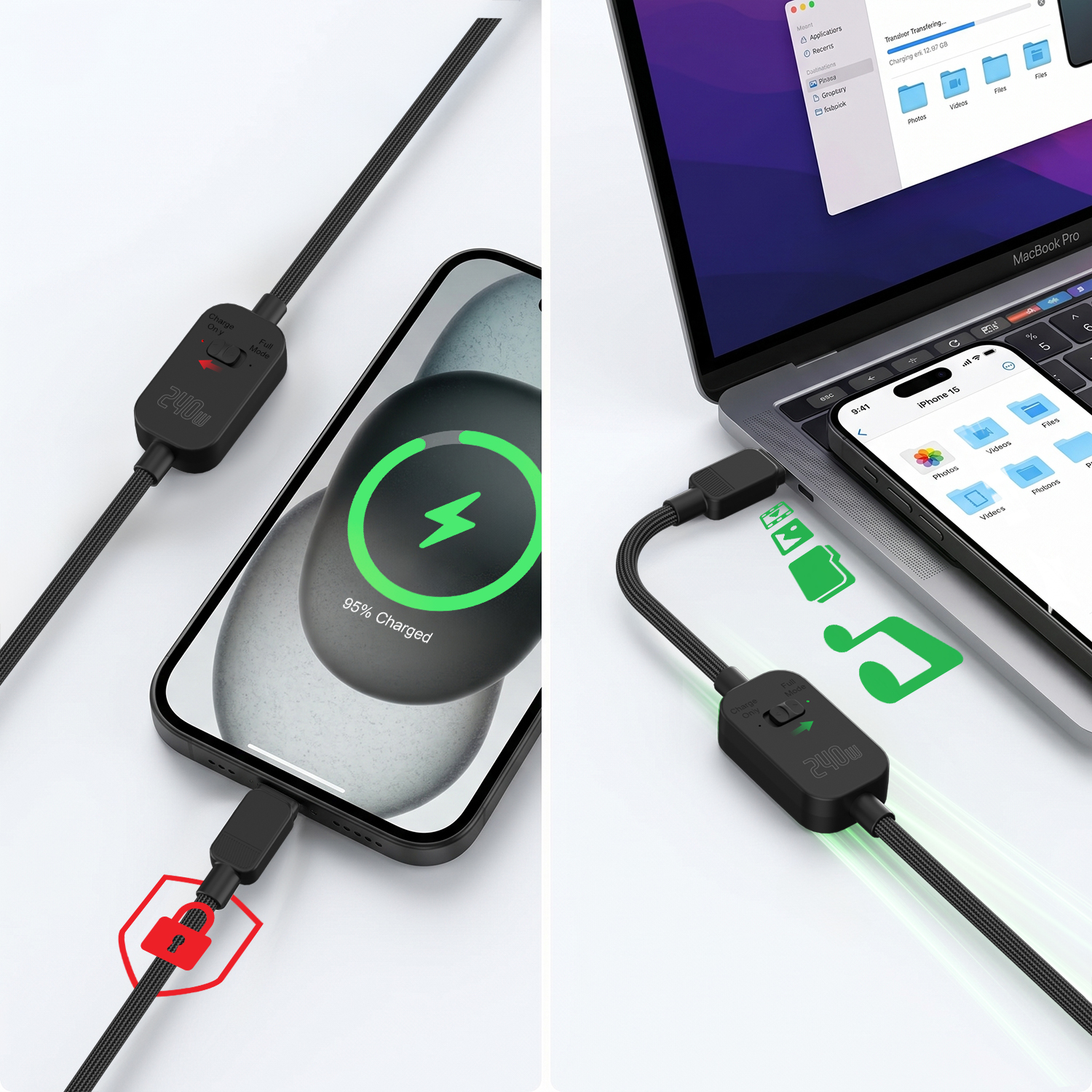 USB-C Ladekabel mit Privacy Switch zur sicheren Steuerung der Datenübertragung – Daten per Schalter aktivieren oder blockieren