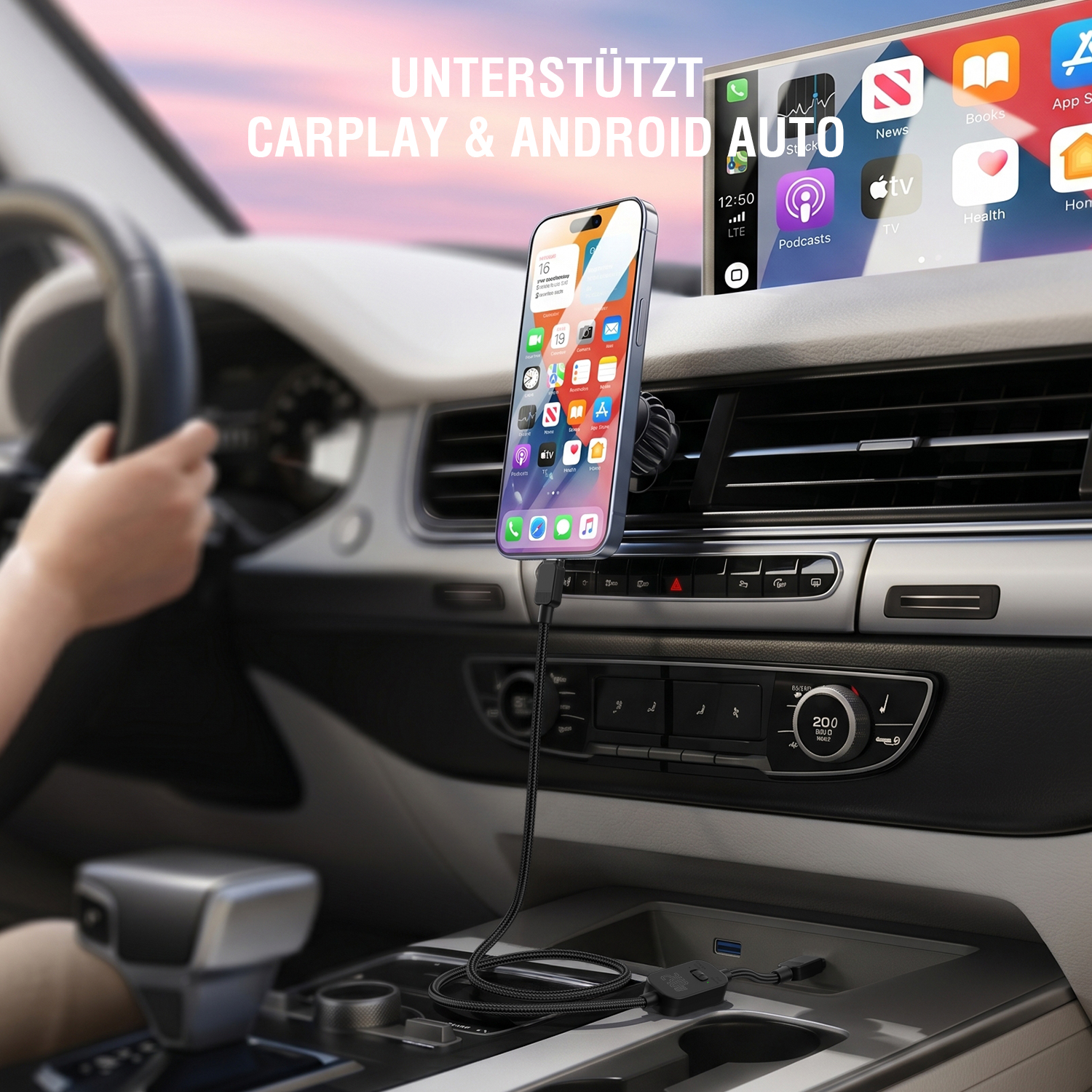 USB-C Daten- und Ladekabel kompatibel mit Apple CarPlay und Android Auto für die zuverlässige Smartphone-Nutzung im Auto