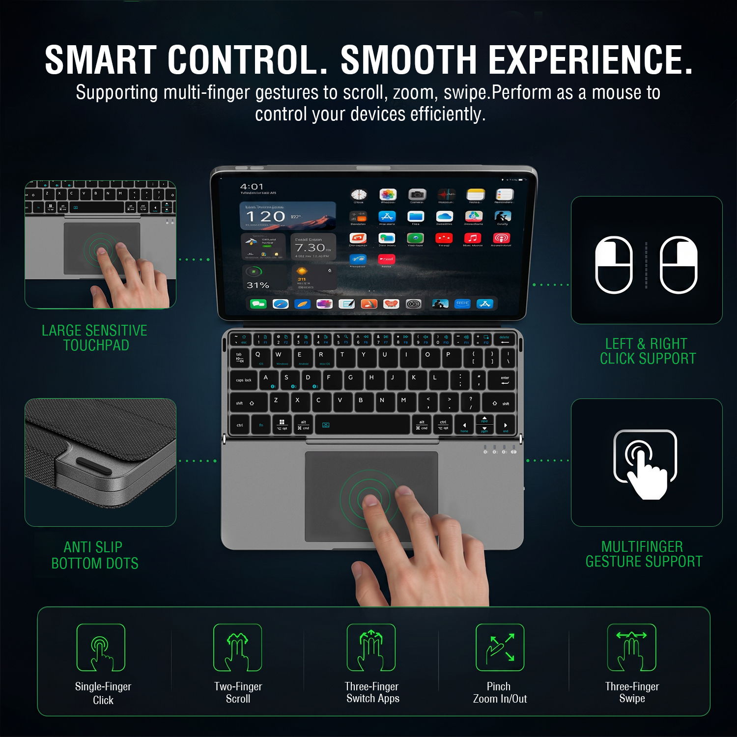 Universal foldable Bluetooth keyboard with an integrated precision touchpad paired with a tablet. The image highlights support for multi-touch gestures, left and right click, scrolling, zooming, app switching, and non-slip stand feet for precise and comfortable control.
