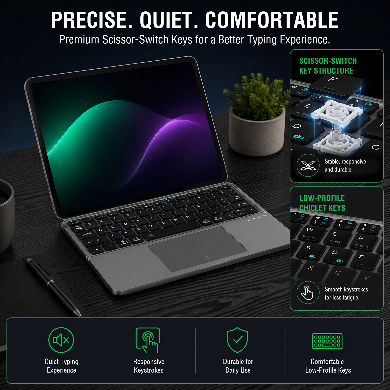 Universal foldable Bluetooth keyboard with an integrated touchpad paired with a tablet. The image highlights low-profile chiclet keys with scissor-switch technology for precise, quiet, and comfortable typing, designed for long-lasting everyday use.
