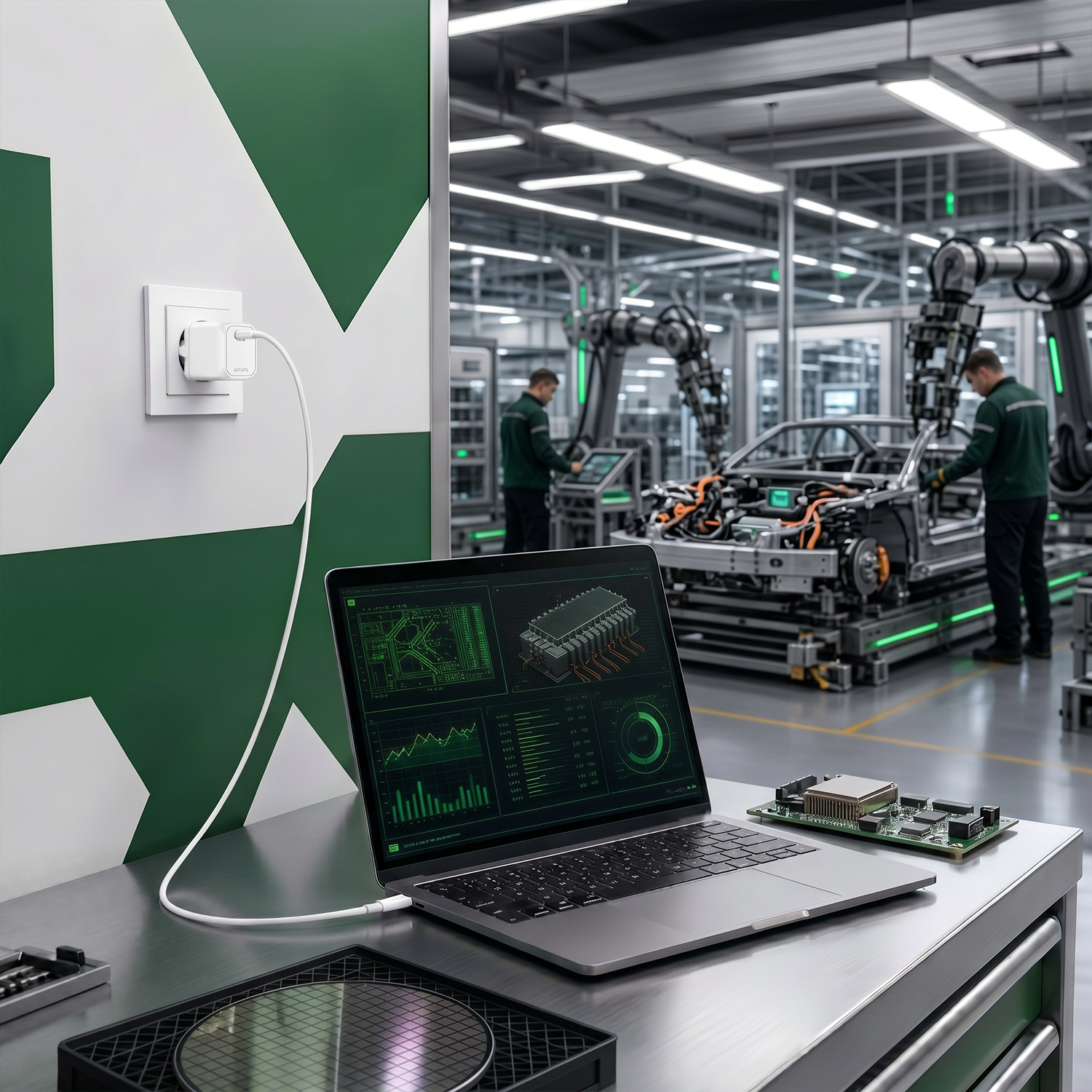 SiC USB-C Charger lädt einen Laptop in einer modernen EV-Fertigungsumgebung mit Roboterarmen und Leistungselektronik-Diagnose.