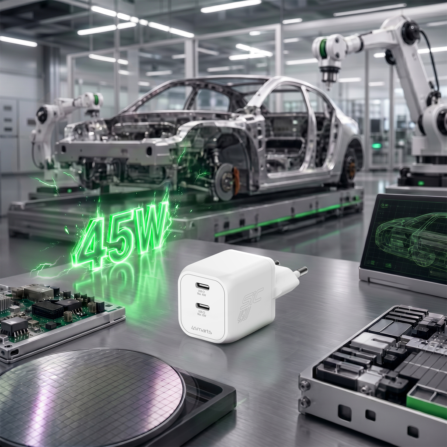 45W Dual USB-C SiC Charger auf Metalltisch vor Automotive-Fertigungsstraße mit grünem Schnellladeeffekt.