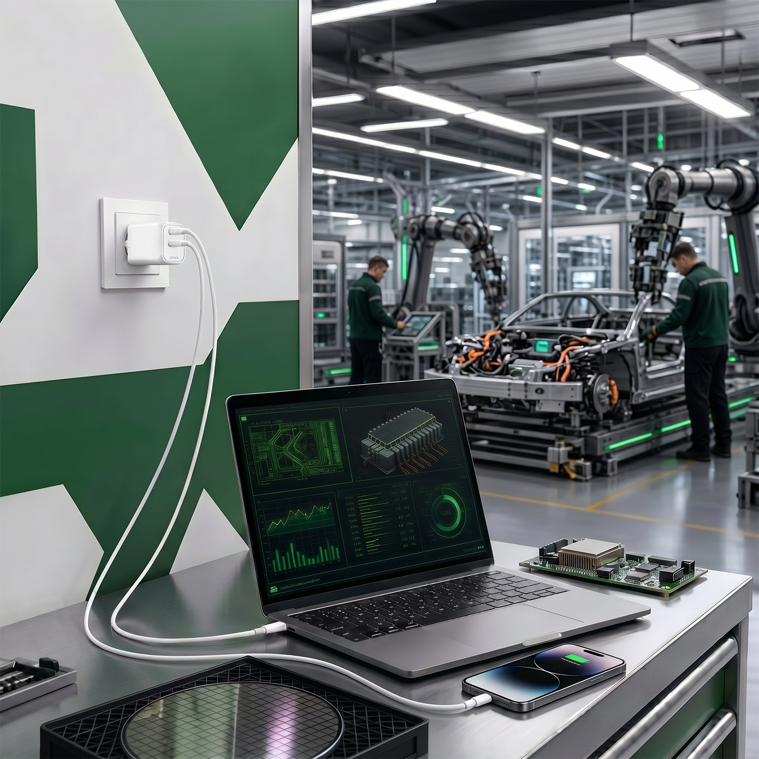 Dual USB-C SiC Charger lädt Laptop und Smartphone an einer Werkbank in moderner EV-Fertigung.