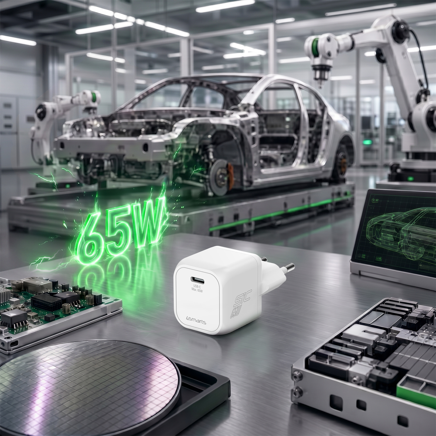 45W Dual USB-C SiC Charger auf Metalltisch vor Automotive-Fertigungsstraße mit grünem Schnellladeeffekt.