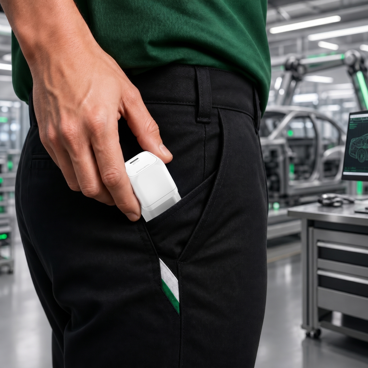 Kompakter SiC USB-C Charger wird in einer Automotive-Fertigungsumgebung in die Hosentasche gesteckt.