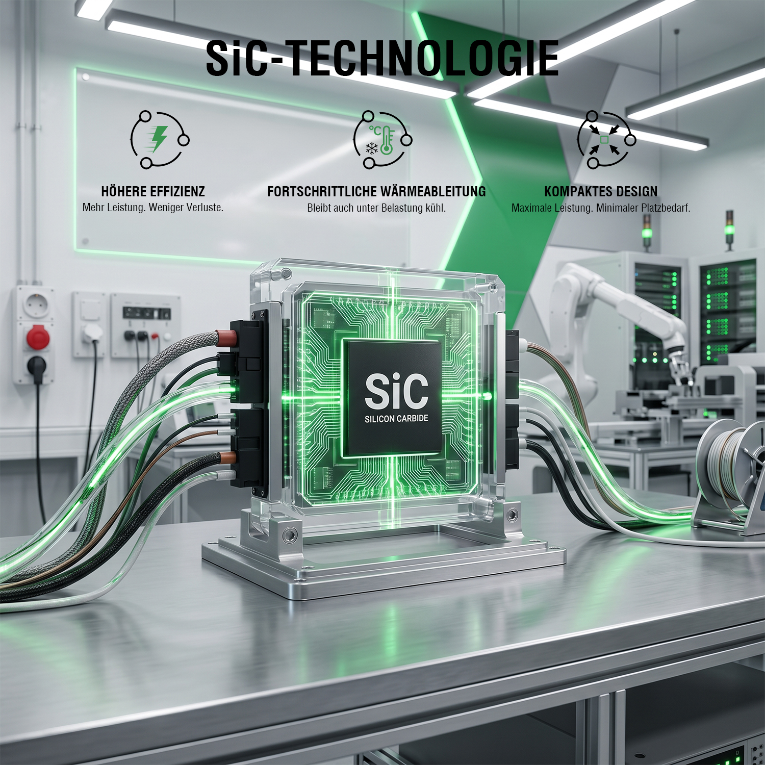 SiC-Technologie-Grafik mit Halbleiter-Modul, Effizienz-, Wärmeableitungs- und Kompakt-Design-Vorteilen.