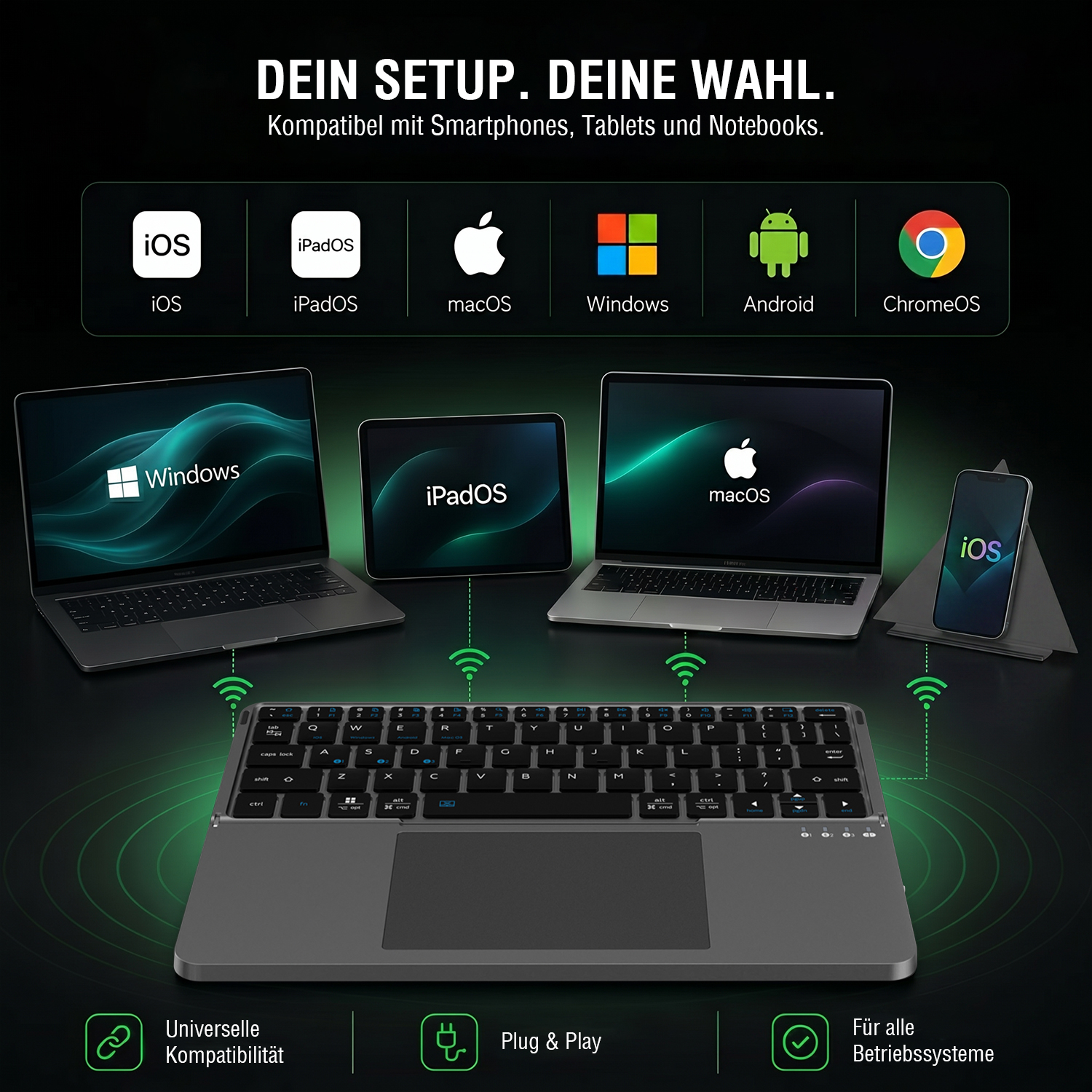 Universelle faltbare Bluetooth-Tastatur mit integriertem Touchpad, verbunden mit Windows-, macOS-, iPadOS- und iOS-Geräten. Darstellung der Kompatibilität mit iOS, iPadOS, macOS, Windows, Android und ChromeOS sowie Plug-and-Play-Unterstützung ohne Treiberinstallation.
