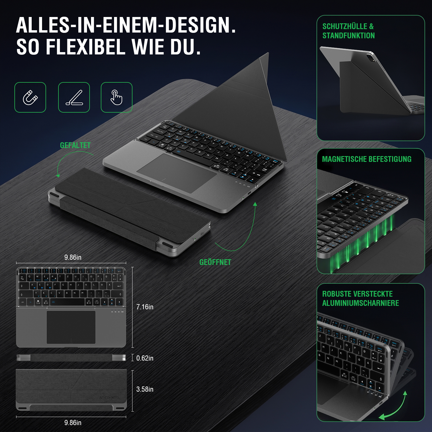 Universelle faltbare Bluetooth-Tastatur mit integriertem Touchpad im All-in-One-Design. Das Bild zeigt die Tastatur geöffnet und zusammengefaltet sowie die Funktionen Schutzcover, Standfunktion, magnetische Befestigung und robuste Aluminiumscharniere.

