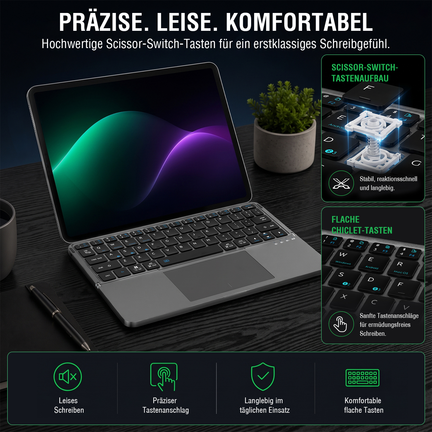 Universelle faltbare Bluetooth-Tastatur mit integriertem Touchpad und Tablet. Das Bild zeigt flache Chiclet-Tasten mit Scissor-Switch-Technologie für präzises, leises und komfortables Tippen sowie langlebige Tasten für den täglichen Einsatz.
