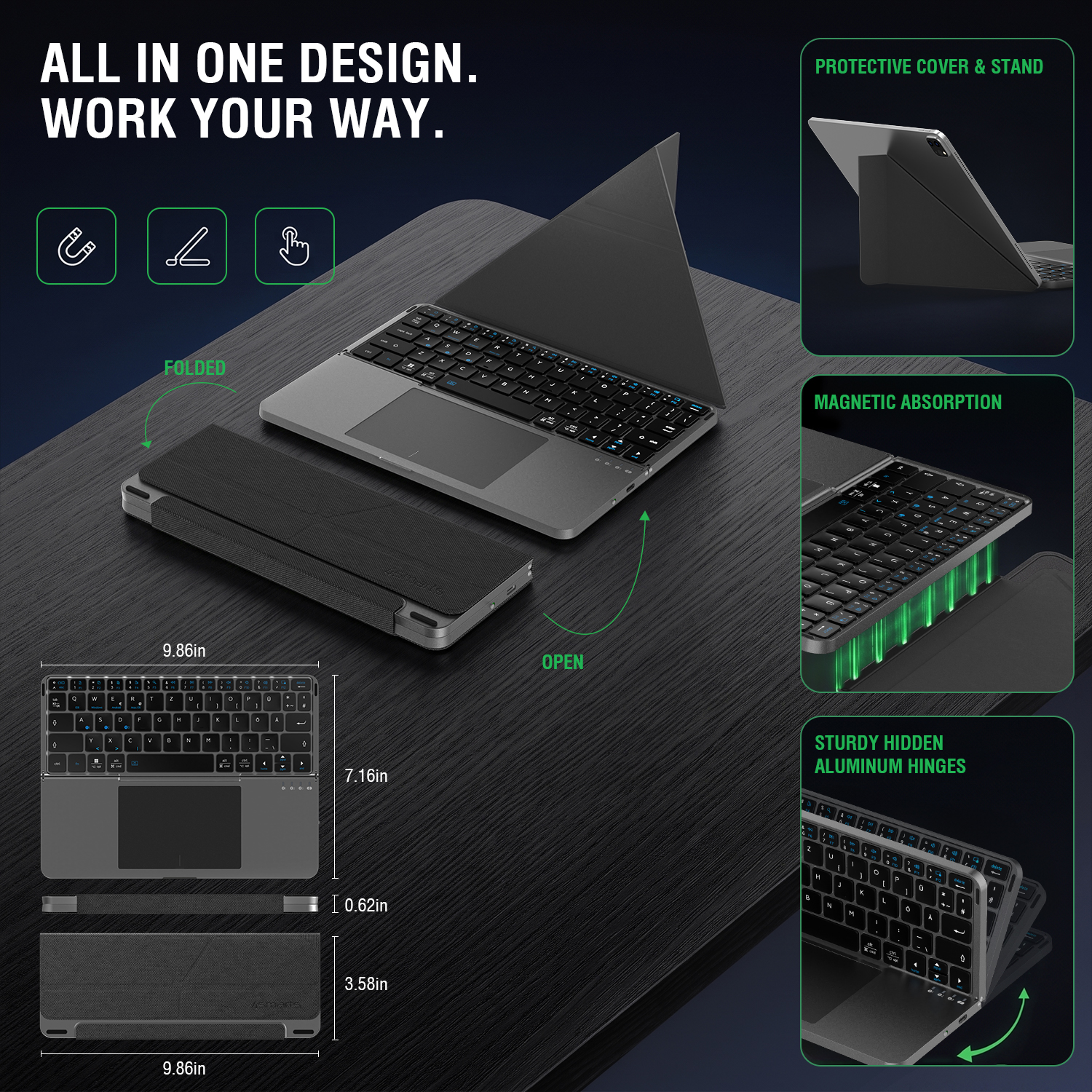Universal foldable Bluetooth keyboard with integrated touchpad in an all-in-one design. The image shows the keyboard in both open and folded positions, highlighting the protective cover, stand function, magnetic attachment, and durable aluminum hinges.
