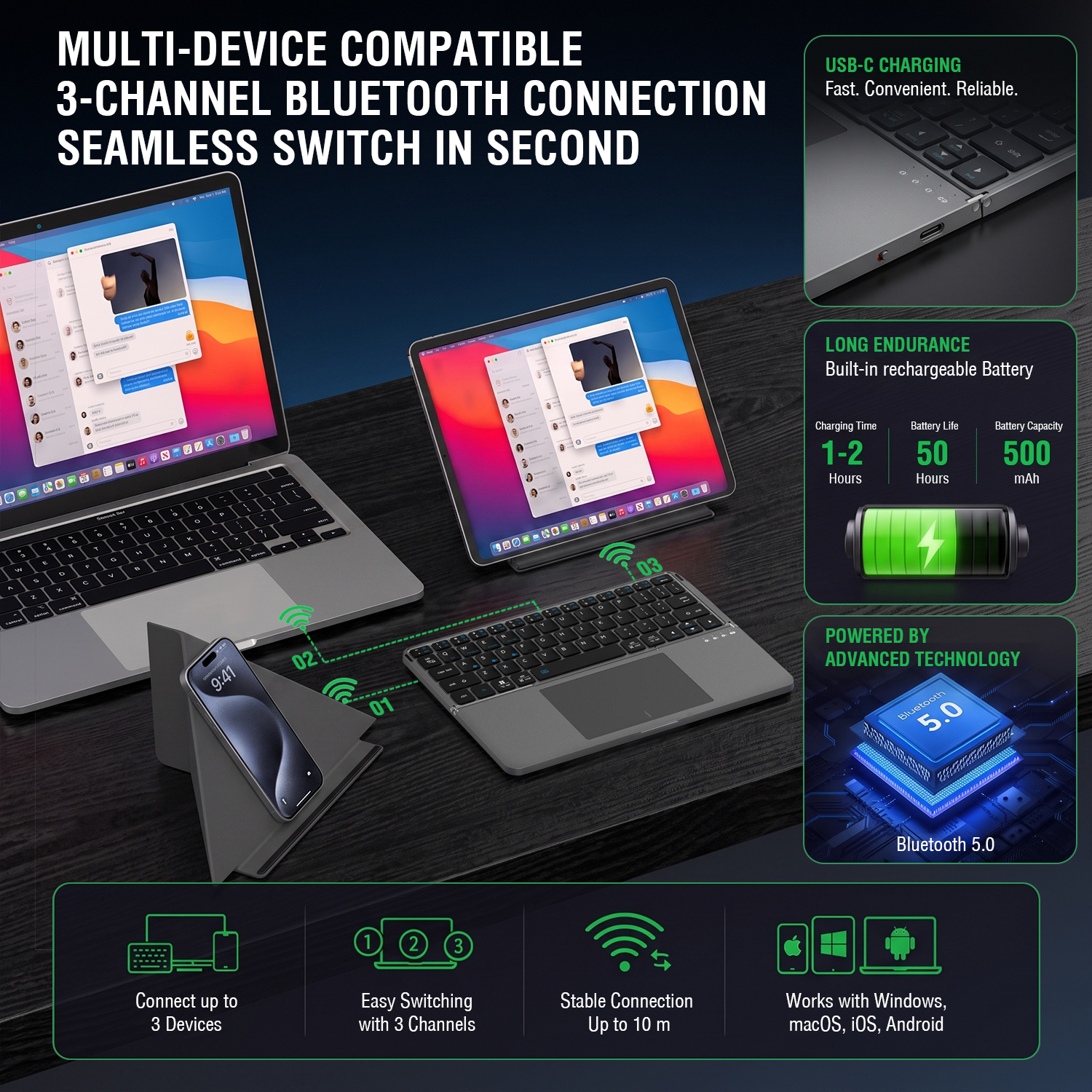 Universal foldable Bluetooth keyboard with integrated touchpad connected to a smartphone, tablet, and laptop. The image highlights multi-device pairing with up to three devices, fast switching between Bluetooth channels, USB-C charging, a built-in 500 mAh rechargeable battery, and Bluetooth 5.0.

