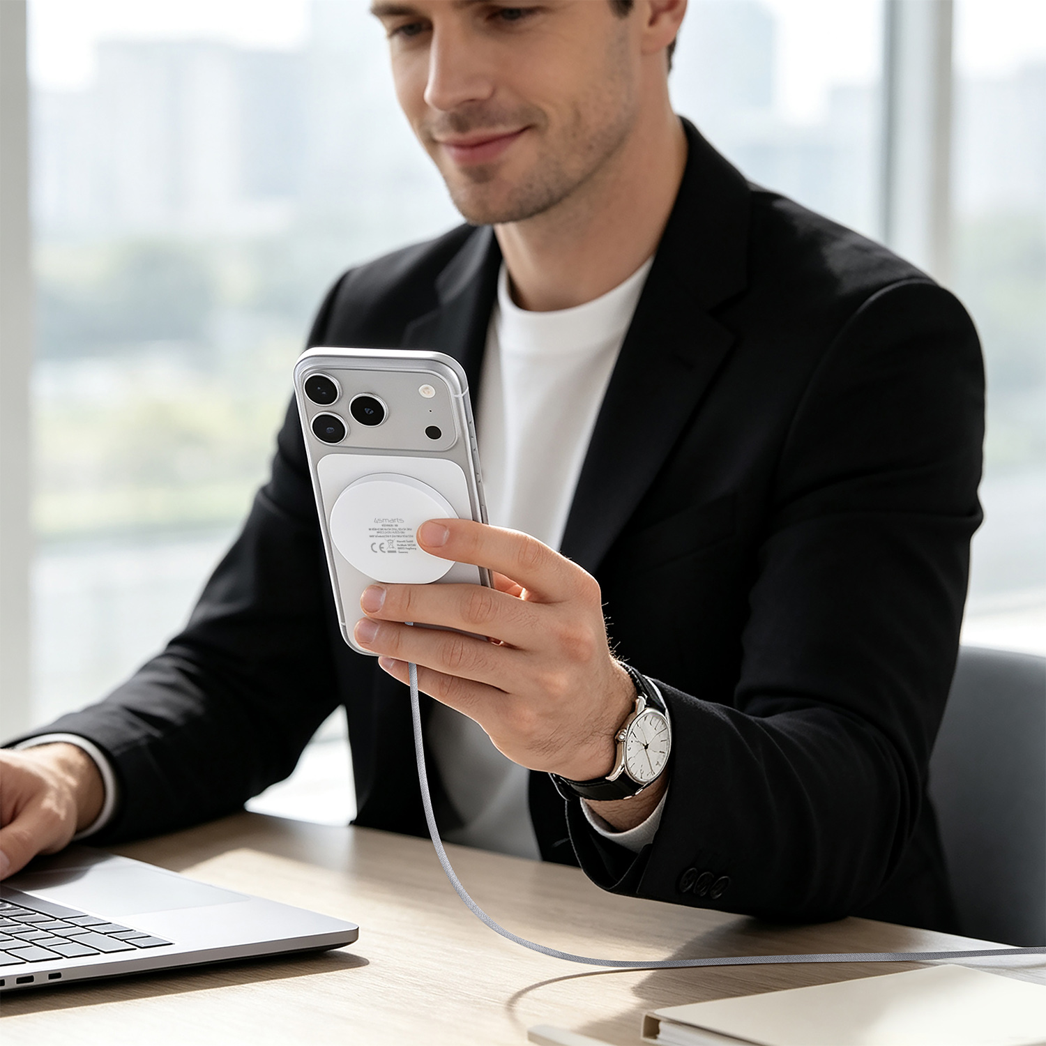 Person charging iPhone using the 4smarts Qi2 wireless charger set with magnetic fast charging.