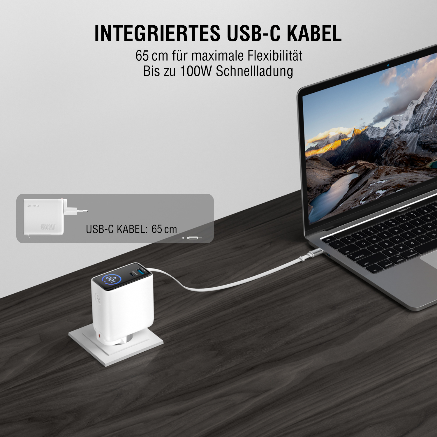 100W Ladegerät mit integriertem 70 cm USB-C Kabel für flexibles Laden ohne zusätzliches Zubehör