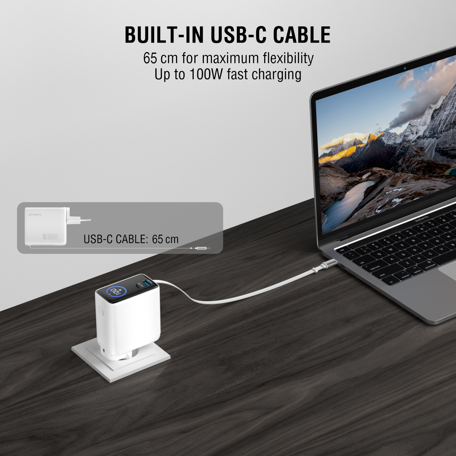 100W charger with integrated 70 cm USB-C cable for flexible charging without extra accessories