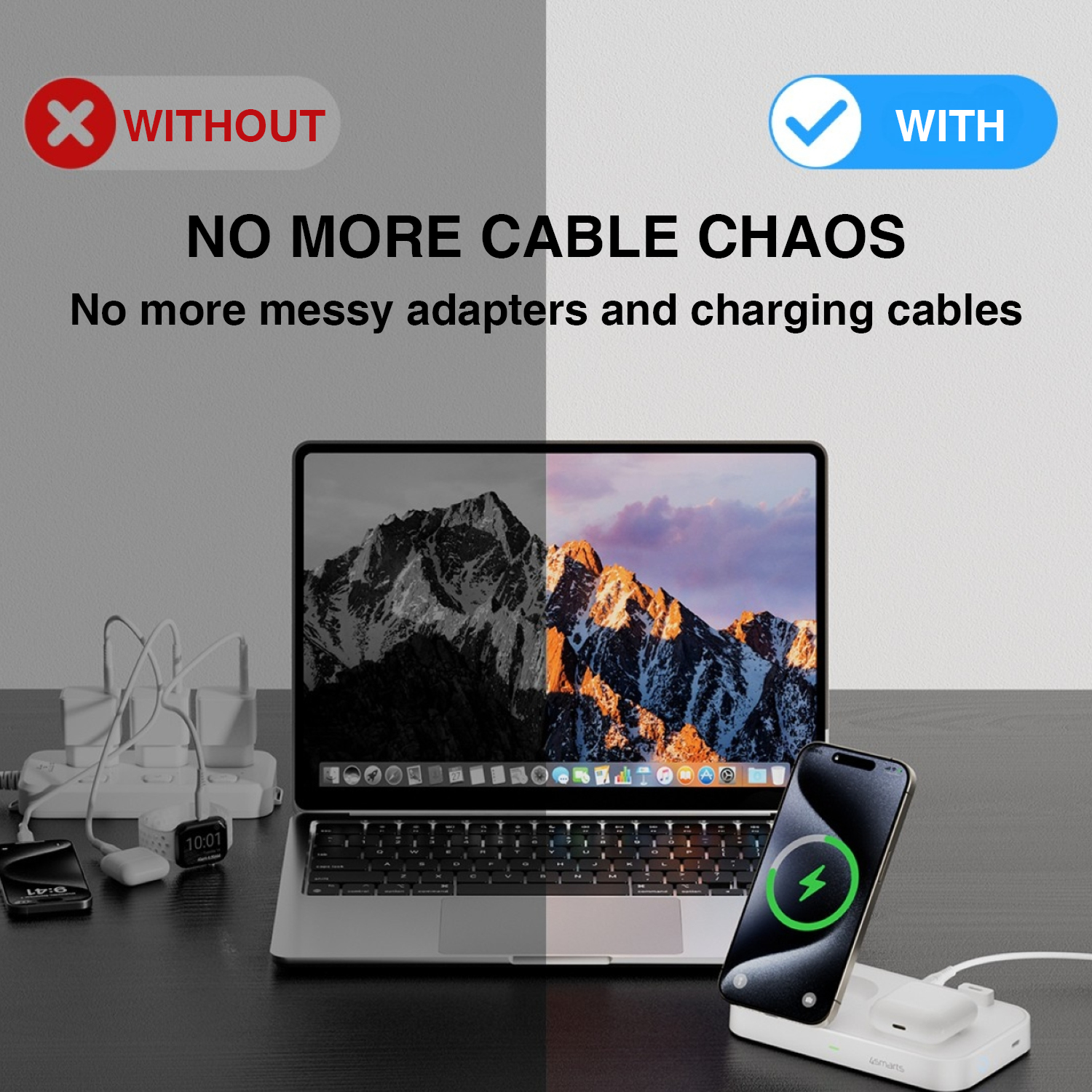 The 3 in 1 4smarts Qi2 Trident Charger is the perfect companion for your iPhone, Apple Watch and TWS Headset.