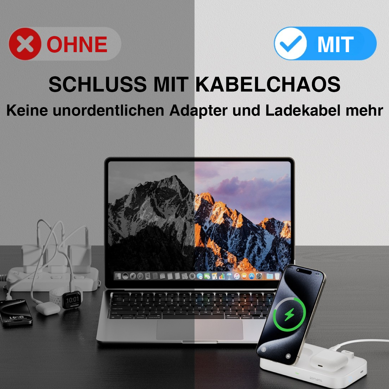 Die 3 in 1 4smarts Qi2 Trident Ladestation ist der perfekte Begleiter für dein iPhone, deine Apple Watch und dein TWS Headset. 