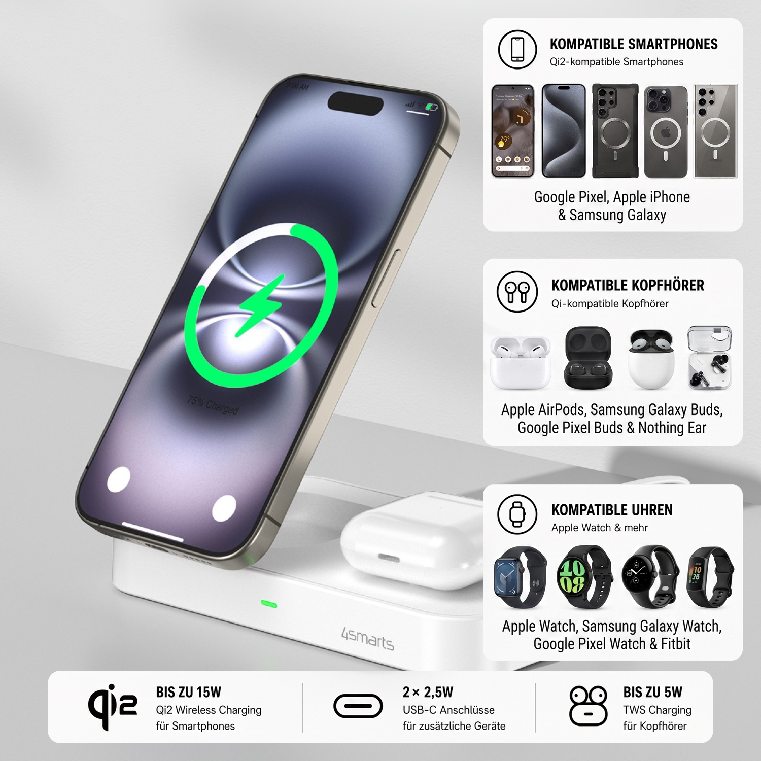 Mit der 3-in-1 4smarts Qi2 Trident Ladestation kannst du dein Smartphone sowohl im Quer- als auch im Hochformat aufladen.