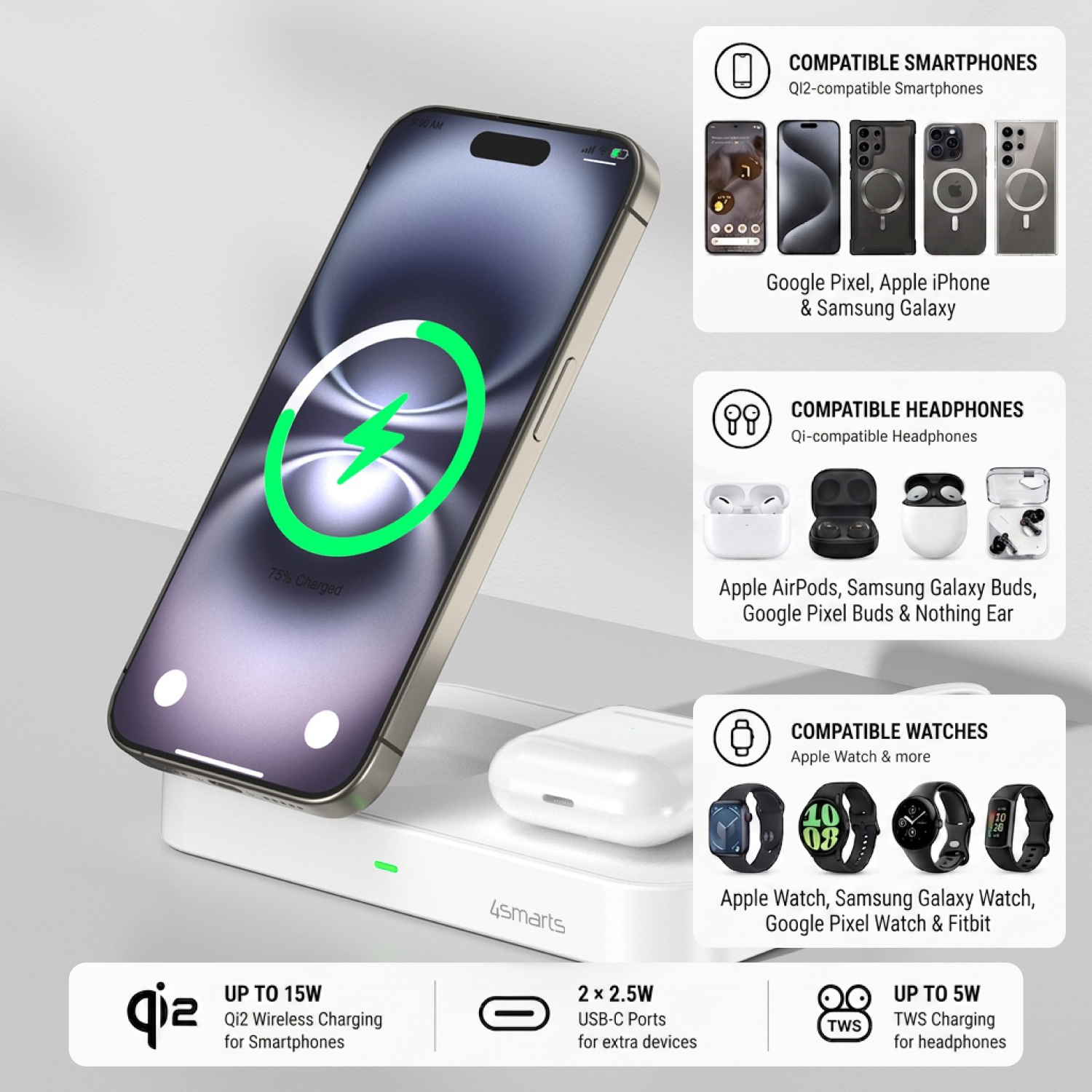 The 3-in-1 4smarts Qi2 Trident Charging Dock lets you charge your smartphone in both landscape and portrait modes.