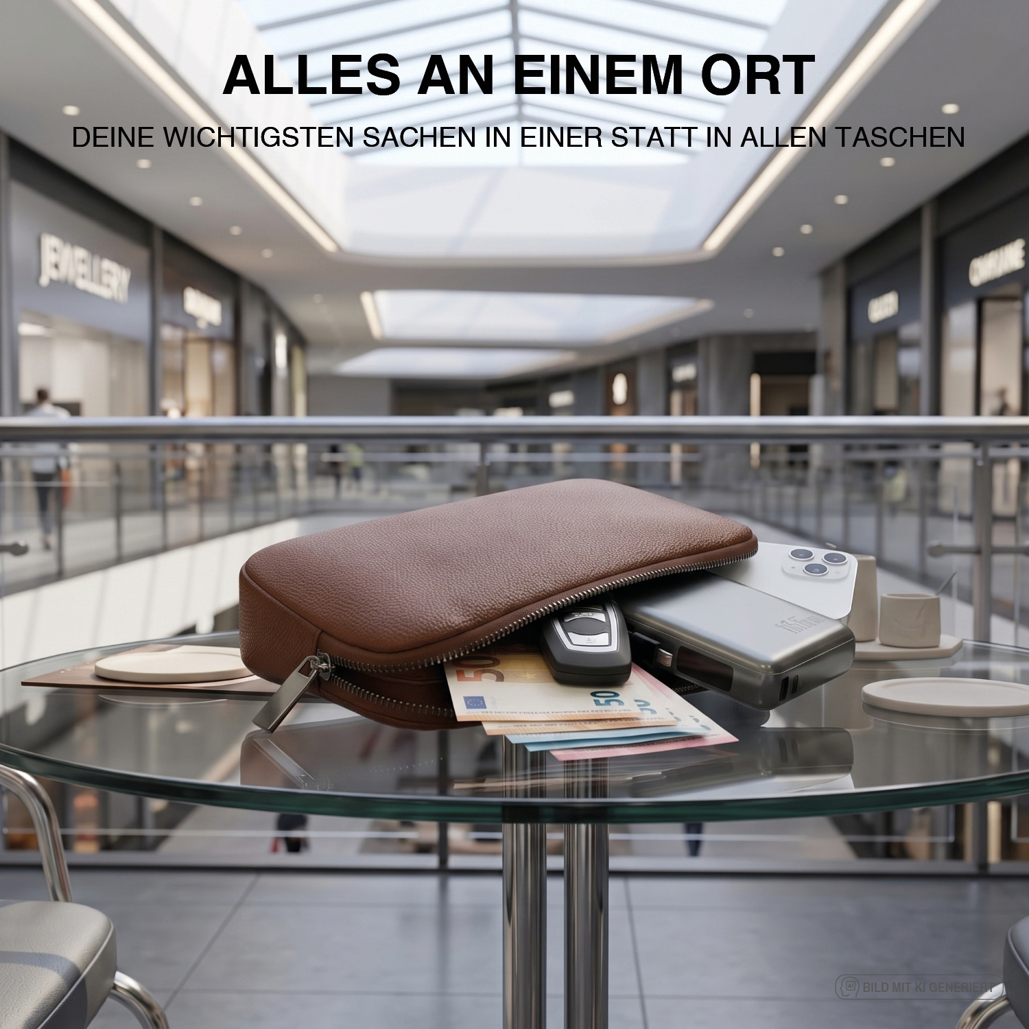 Geöffnete Tech-Clutch auf einem Glastisch im Einkaufszentrum, aus der Autoschlüssel, Smartphone, Powerbank und Geldscheine ragen – alles an einem Ort