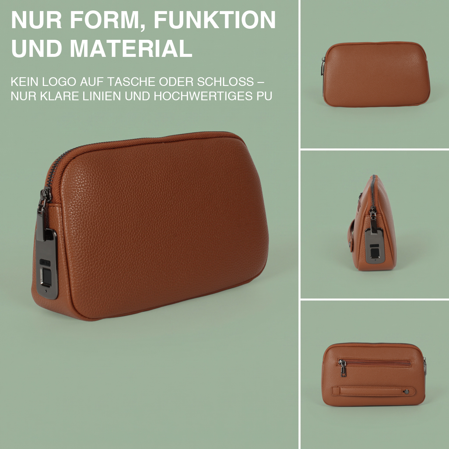 Produktcollage der braunen Tech-Clutch aus vier Perspektiven – ohne Logo auf Tasche oder Schloss, nur klare Linien und hochwertiges PU