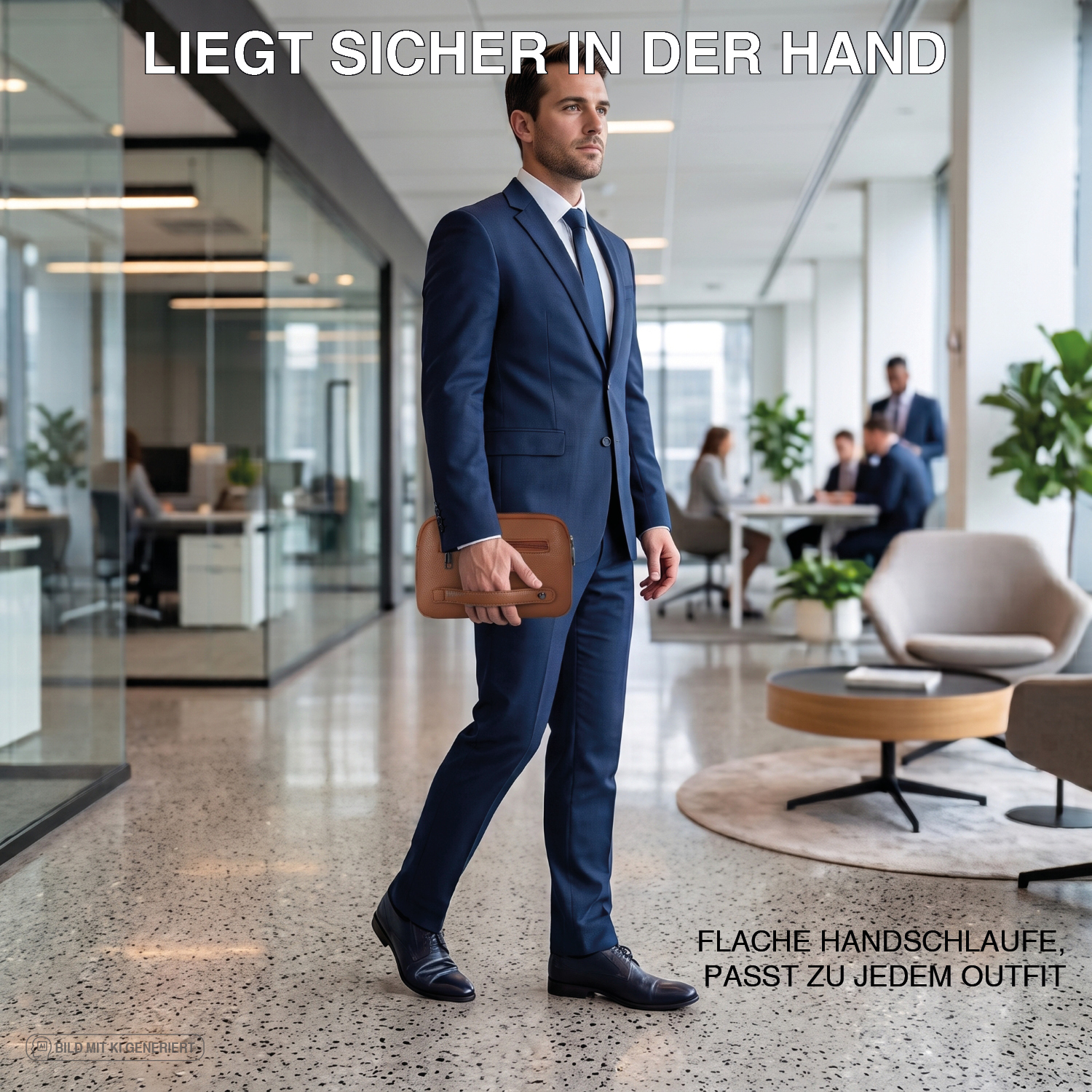 Mann im Anzug trägt die braune Tech-Clutch an der flachen Handschlaufe durch eine moderne Bürolobby – liegt sicher in der Hand