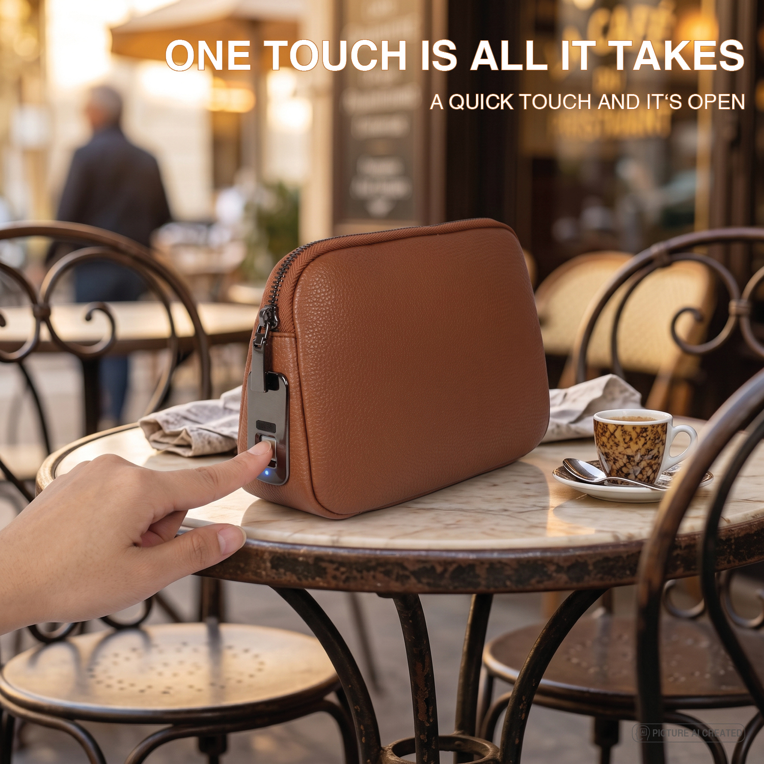 Finger touching the fingerprint sensor of the brown Tech-Clutch on a marble café table – one touch is all it takes
