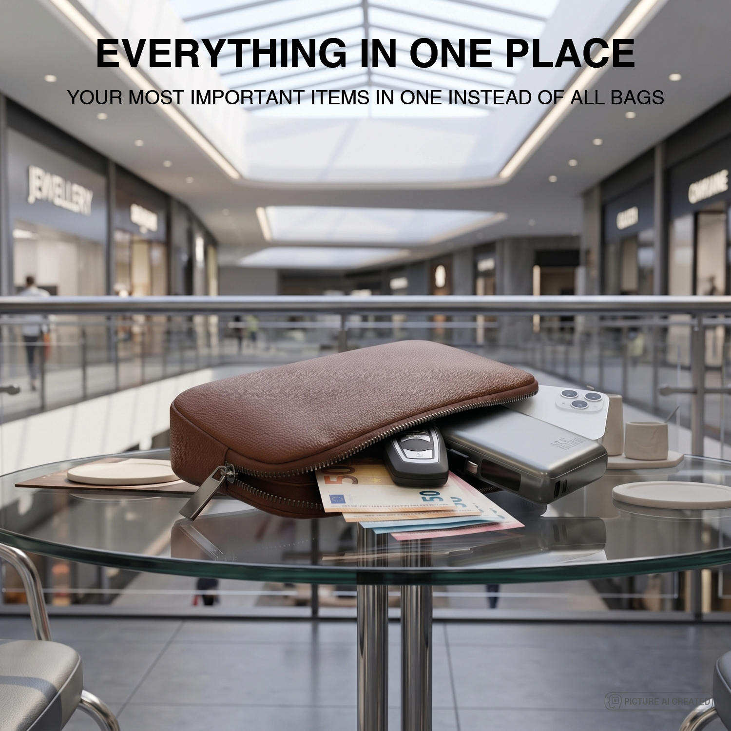 Open Tech-Clutch on a glass table in a shopping mall with car key, smartphone, power bank and banknotes visible inside – everything in one place