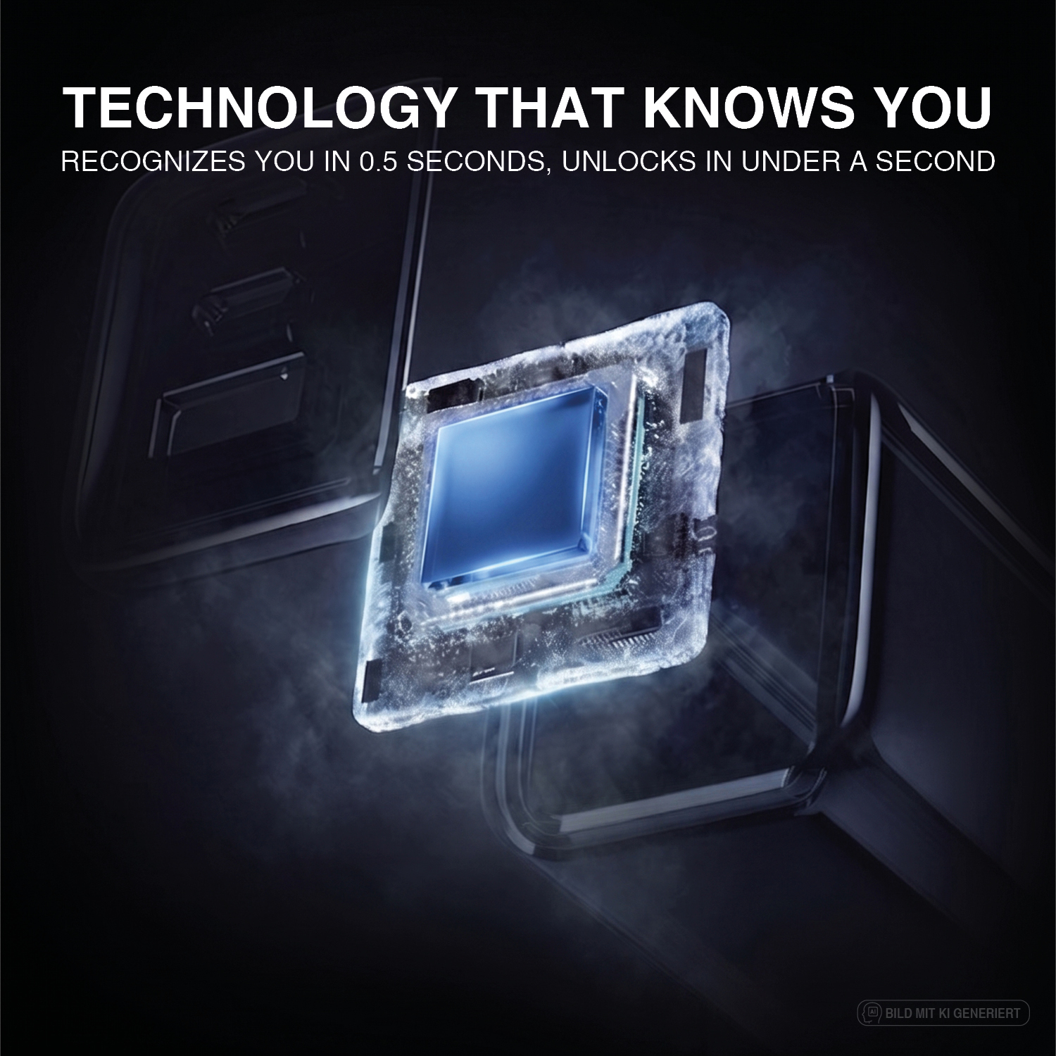 Close-up of the Tech-Clutch's glowing fingerprint sensor chip – recognizes you in 0.5 seconds, unlocks in under a second