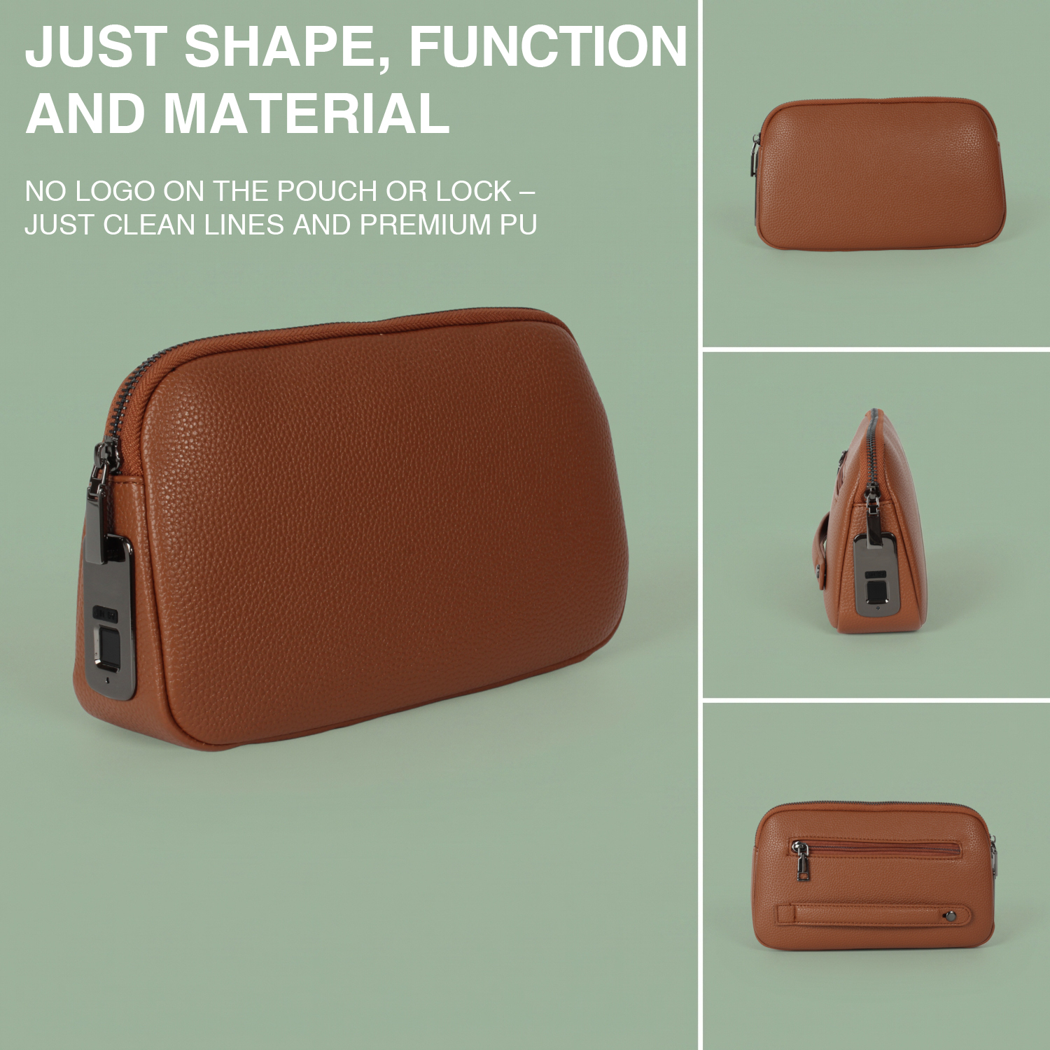 Four-angle product collage of the brown Tech-Clutch – no logo on the pouch or lock, just clean lines and premium PU