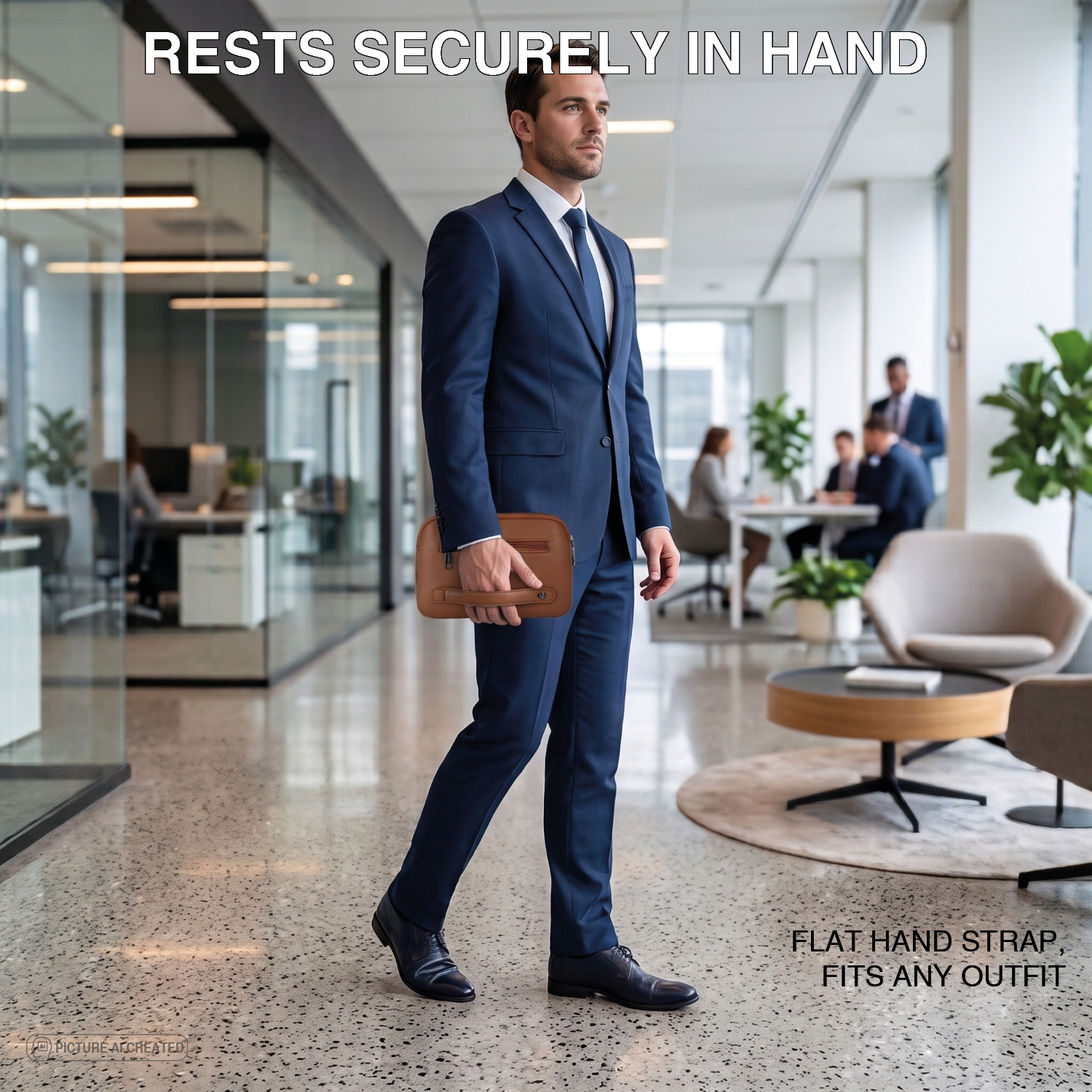 Man in a suit carrying the brown Tech-Clutch by its flat hand strap through a modern office lobby – rests securely in hand