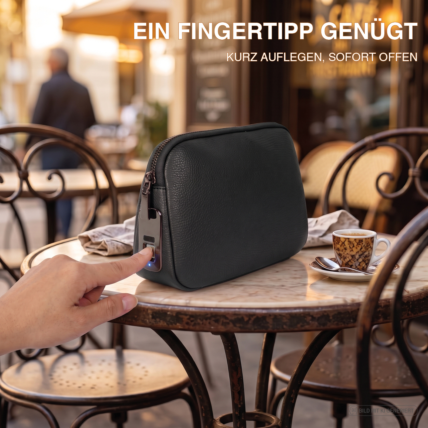Finger berührt den Fingerabdrucksensor der schwarzen Tech-Clutch auf einem Marmortisch im Straßencafé – ein Fingertipp genügt