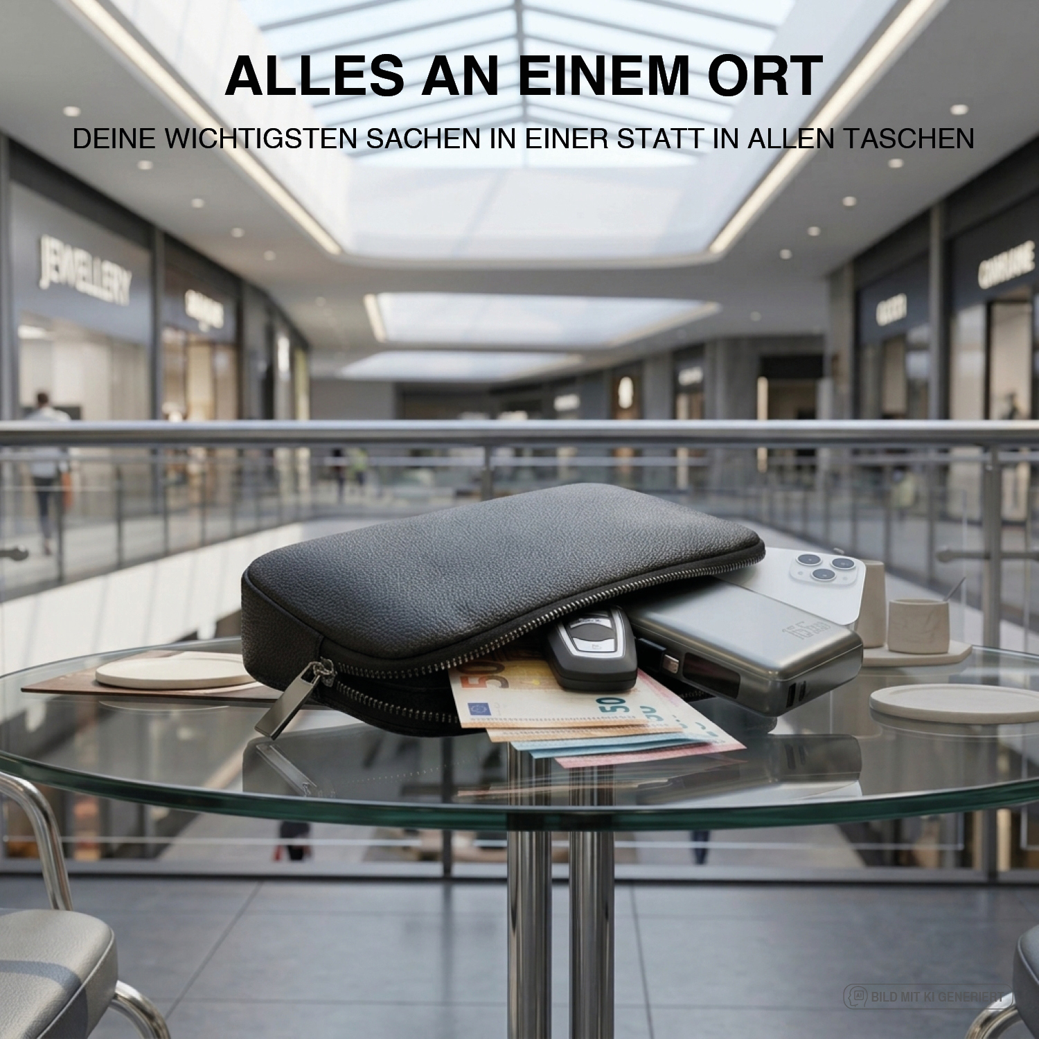 Geöffnete Tech-Clutch auf einem Glastisch im Einkaufszentrum, aus der Autoschlüssel, Smartphone, Powerbank und Geldscheine ragen – alles an einem Ort