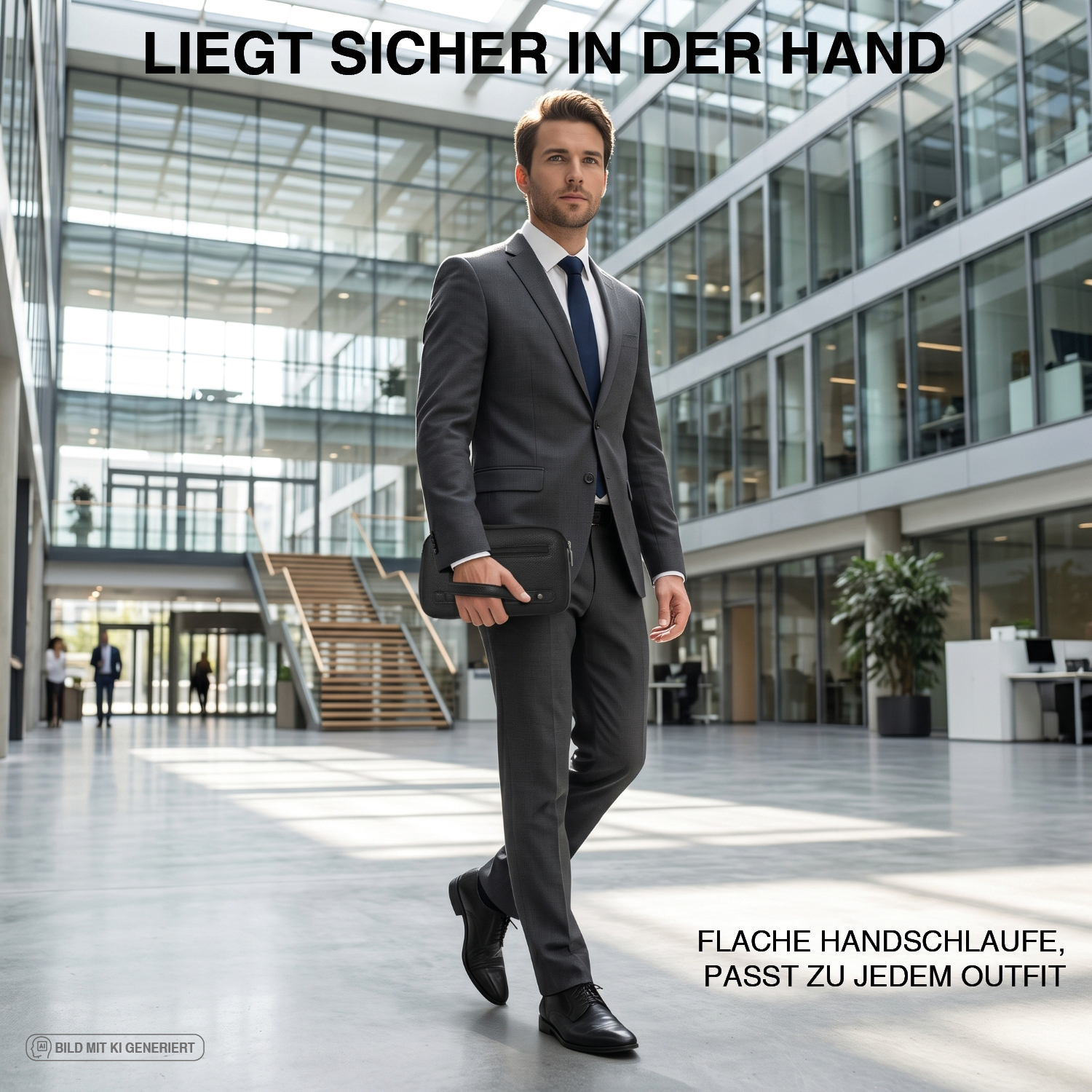 Mann im Anzug trägt die schwarze Tech-Clutch an der flachen Handschlaufe durch eine moderne Bürolobby – liegt sicher in der Hand